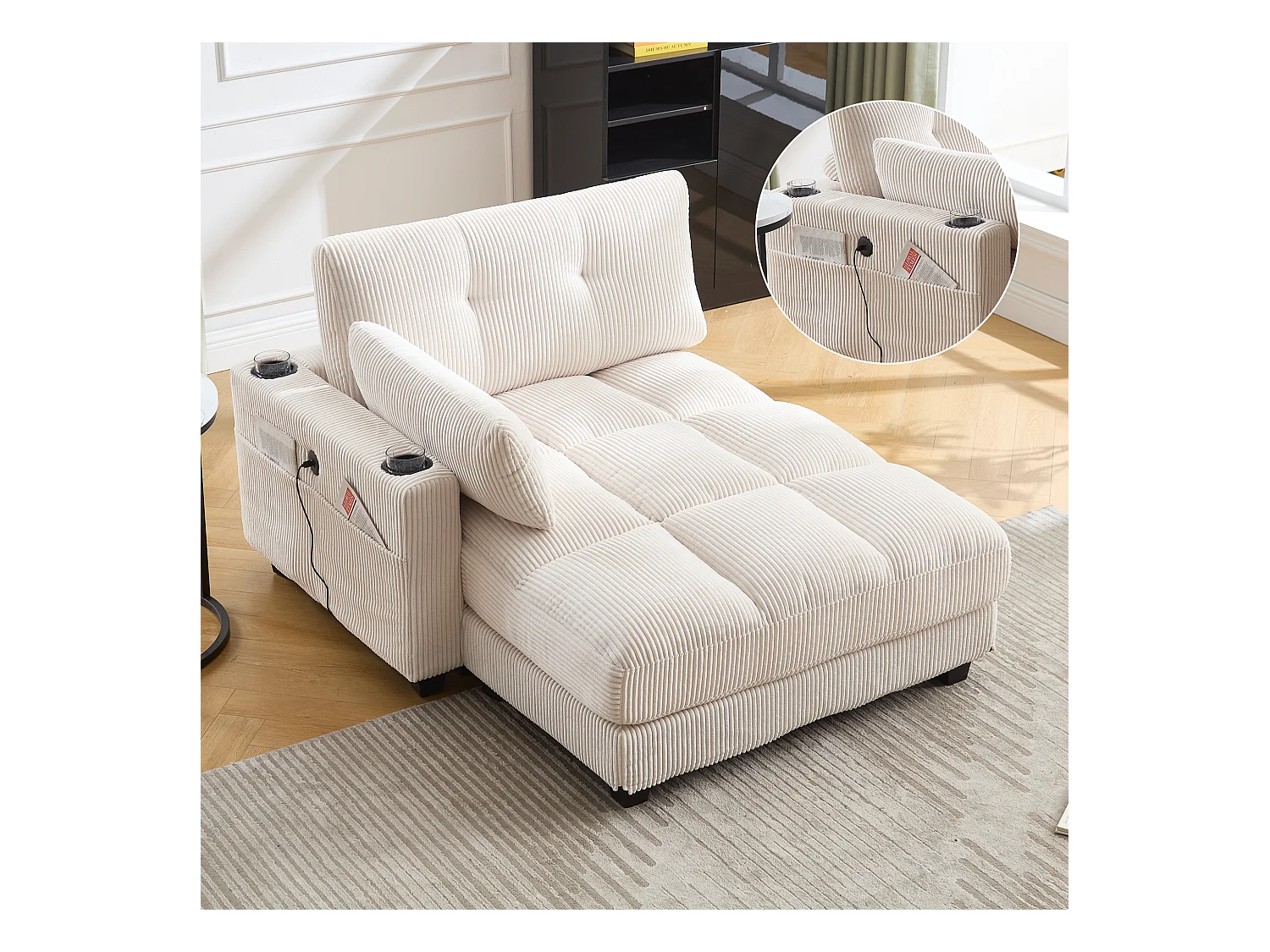 Poltrona relax in velluto beige con schienale regolabile, poggiapiedi, porte USB, 3 portabicchieri, tasche laterali