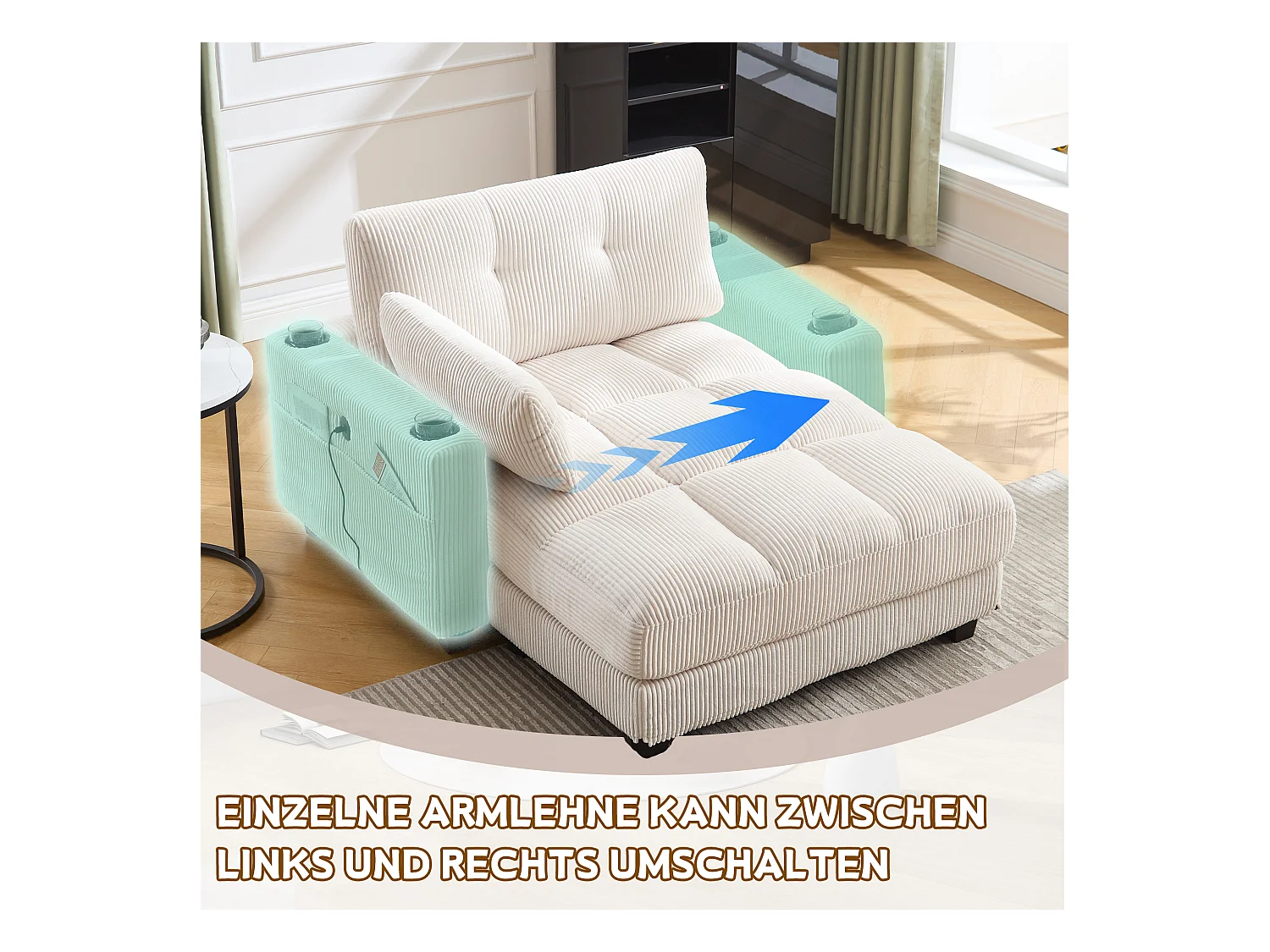 Poltrona relax in velluto beige con schienale regolabile, poggiapiedi, porte USB, 3 portabicchieri, tasche laterali