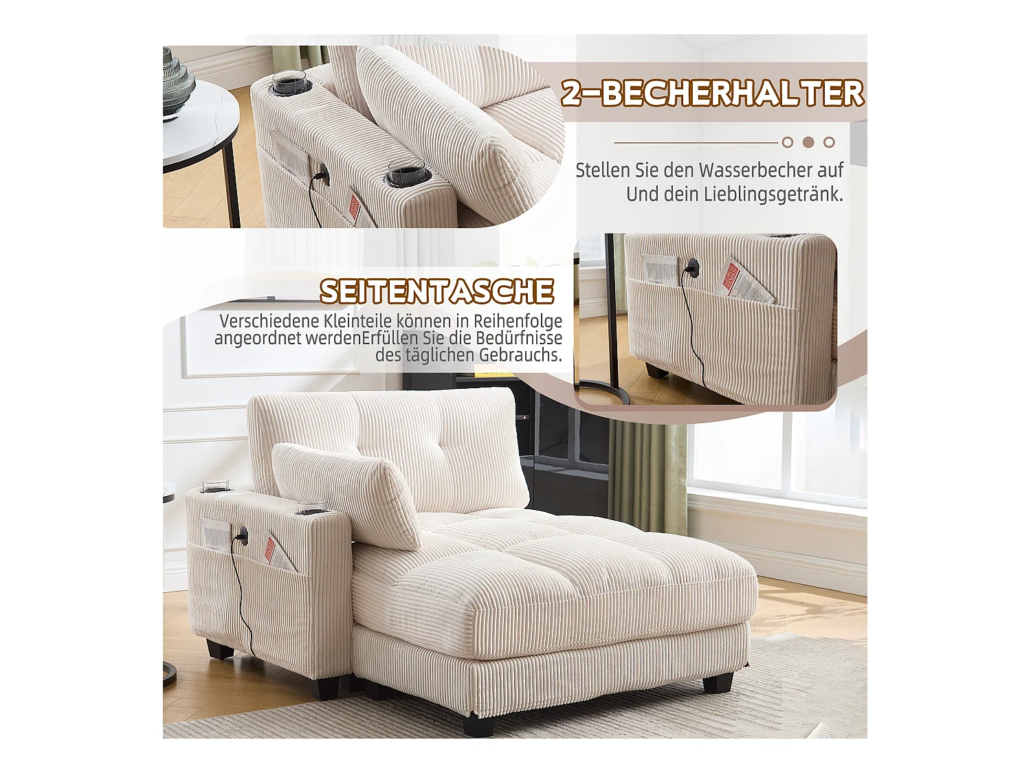 Poltrona relax in velluto beige con schienale regolabile, poggiapiedi, porte USB, 3 portabicchieri, tasche laterali