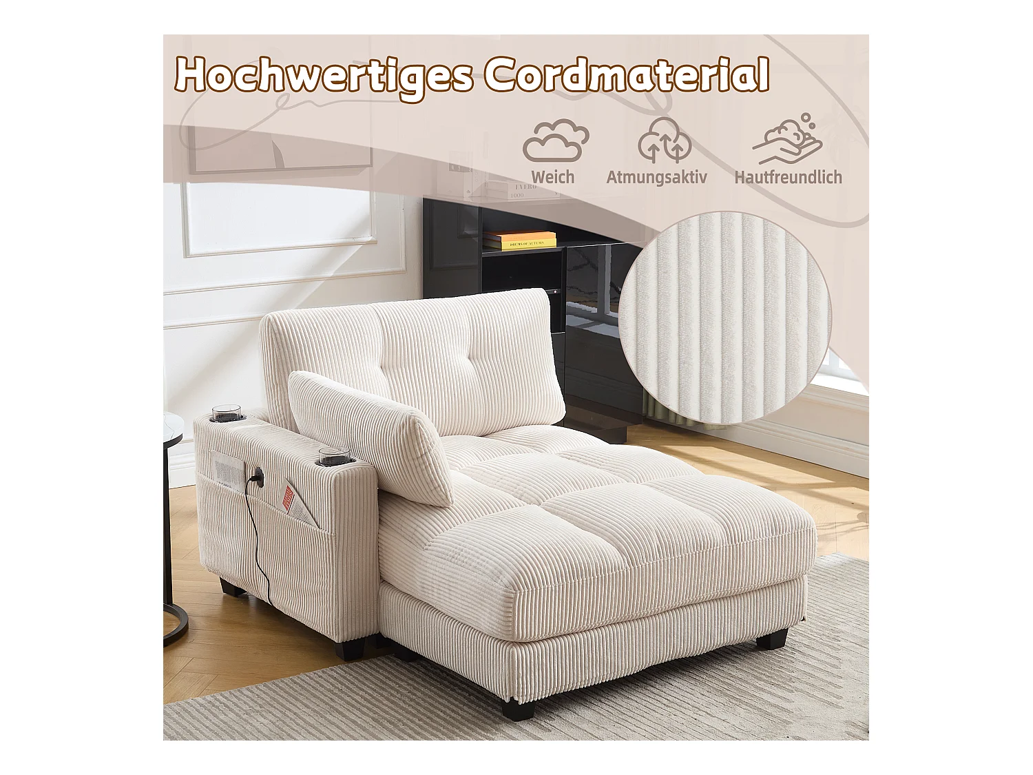 Poltrona relax in velluto beige con schienale regolabile, poggiapiedi, porte USB, 3 portabicchieri, tasche laterali