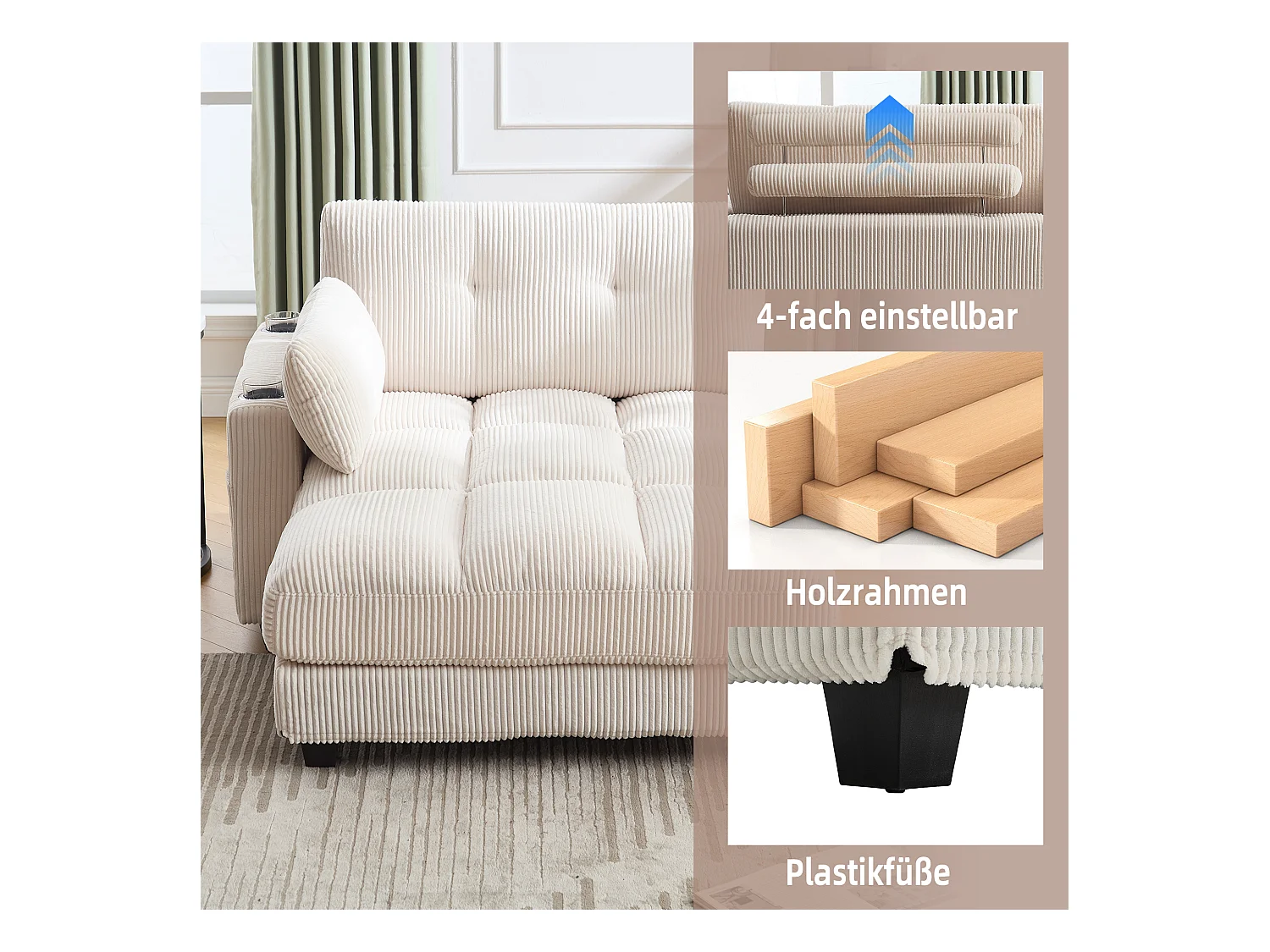 Poltrona relax in velluto beige con schienale regolabile, poggiapiedi, porte USB, 3 portabicchieri, tasche laterali