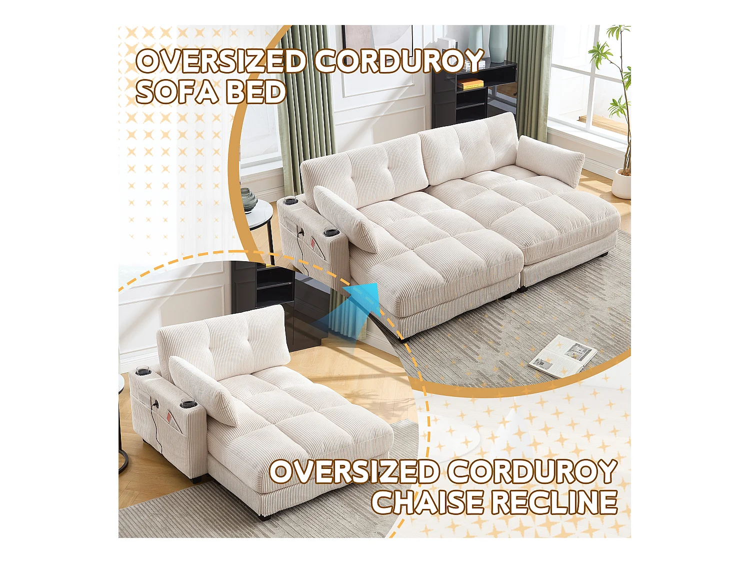 Poltrona relax in velluto beige con schienale regolabile, poggiapiedi, porte USB, 3 portabicchieri, tasche laterali