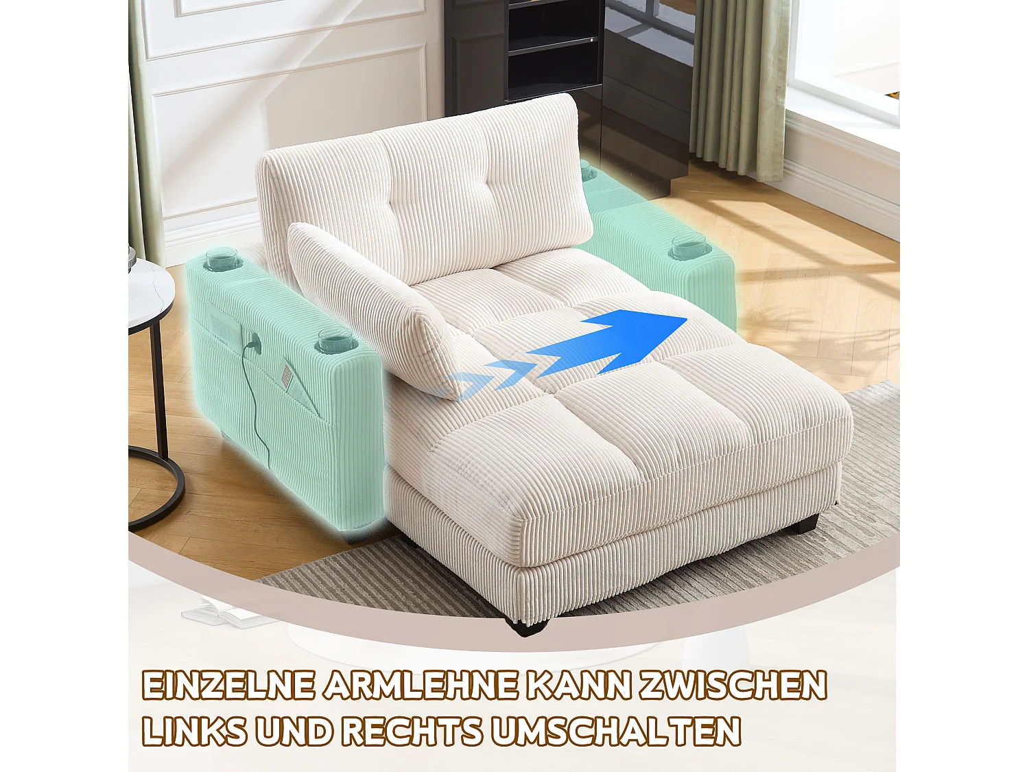 Poltrona relax in velluto beige con schienale regolabile, poggiapiedi, porte USB, 3 portabicchieri, tasche laterali