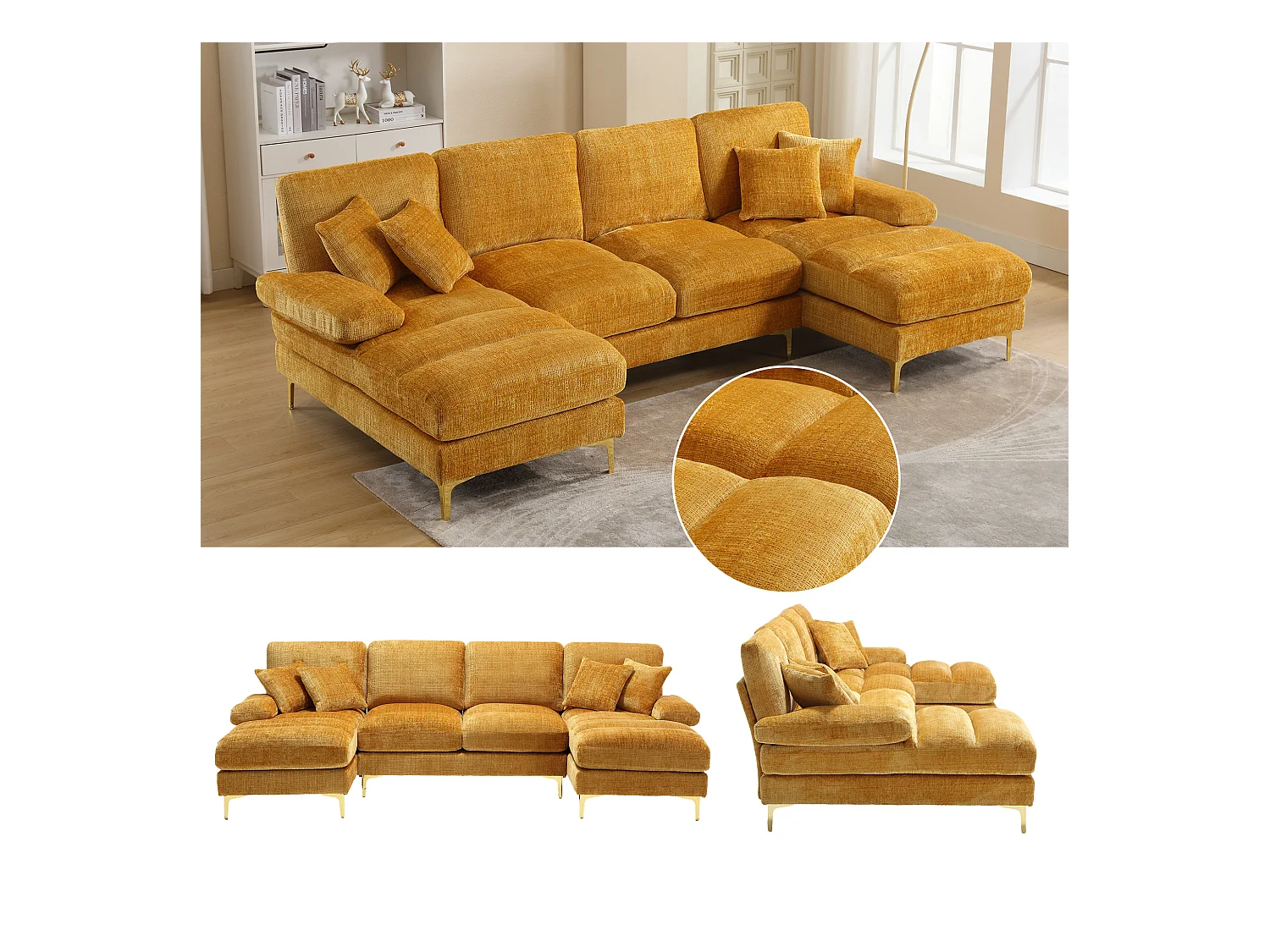 Canapé U-Shape en Chenille Moutarde avec pieds métalliques dorés, deux positions couchées, design moderne pour salon, chambre et bureau