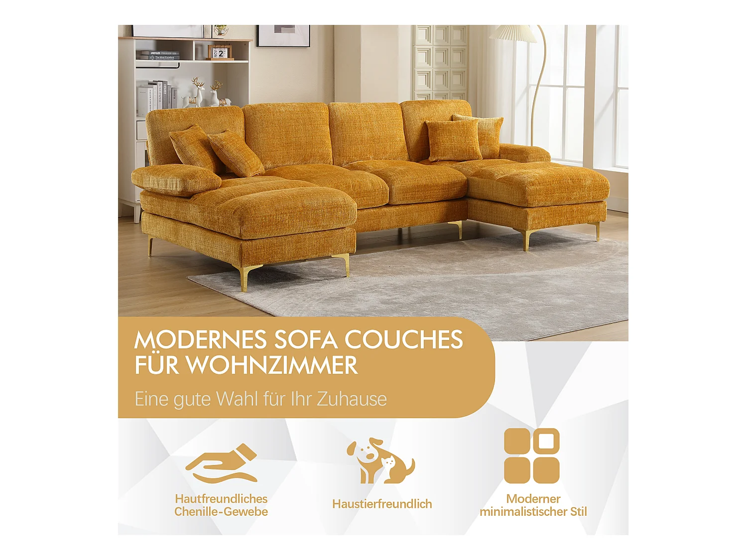 Canapé U-Shape en Chenille Moutarde avec pieds métalliques dorés, deux positions couchées, design moderne pour salon, chambre et bureau