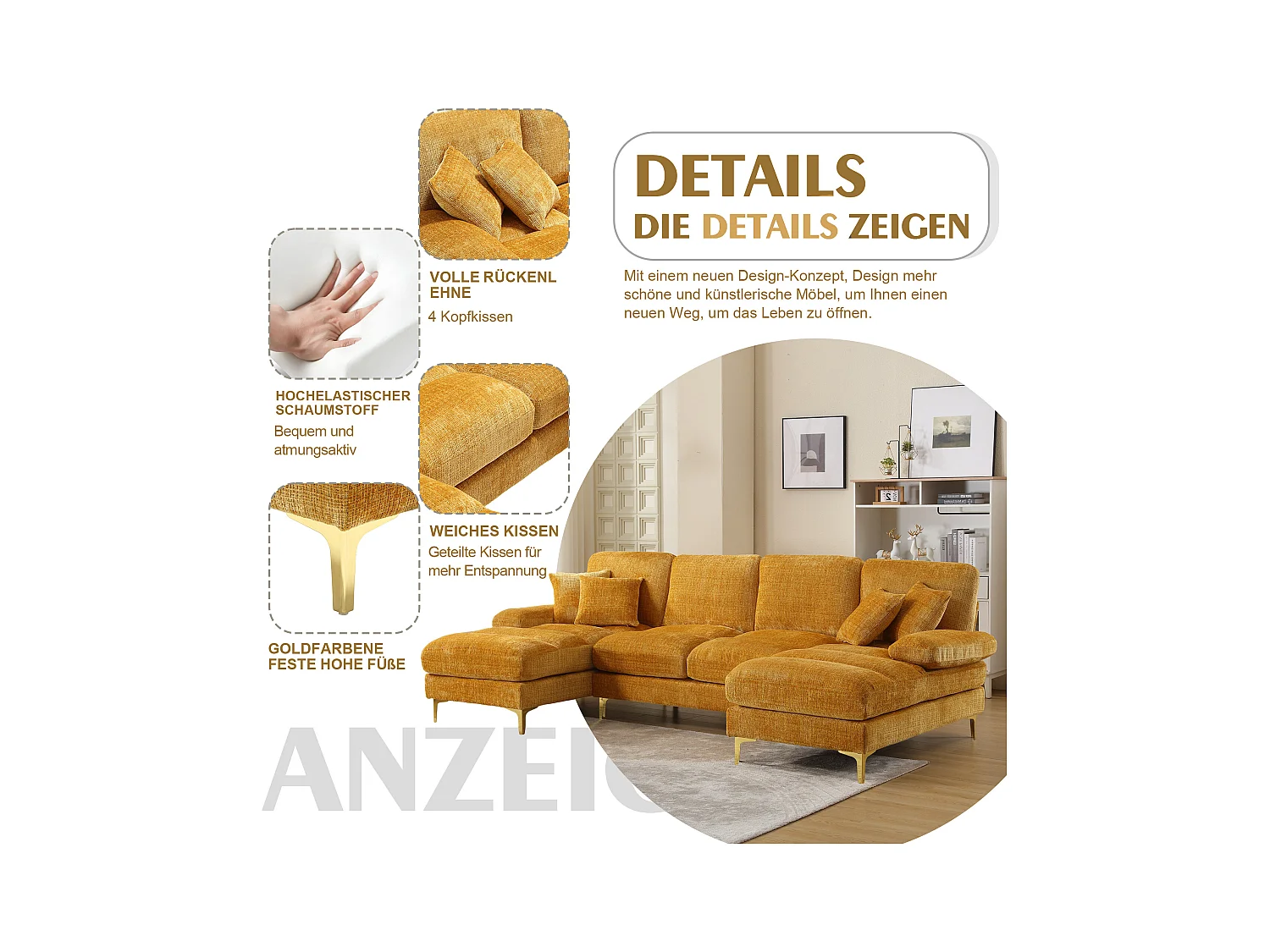 Divano a U in ciniglia color senape con gambe in metallo dorato, due posizioni reclinabili, design moderno per soggiorno, camera da letto e ufficio