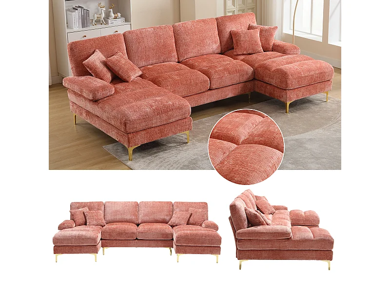 Divano a U in ciniglia rosa con gambe in metallo dorato, doppia posizione reclinabile, design moderno per soggiorno, camera da letto, ufficio e villa