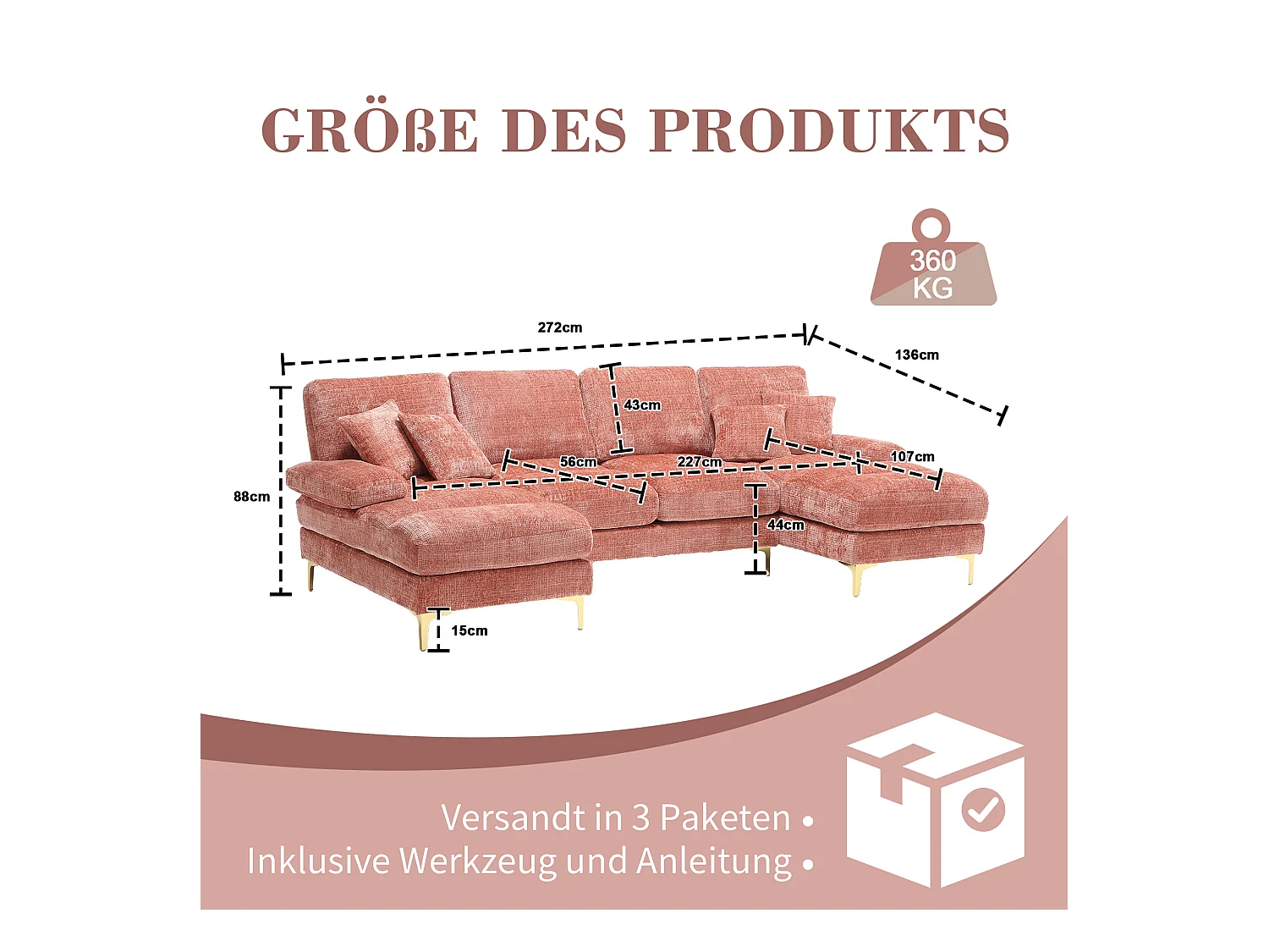 Divano a U in ciniglia rosa con gambe in metallo dorato, doppia posizione reclinabile, design moderno per soggiorno, camera da letto, ufficio e villa