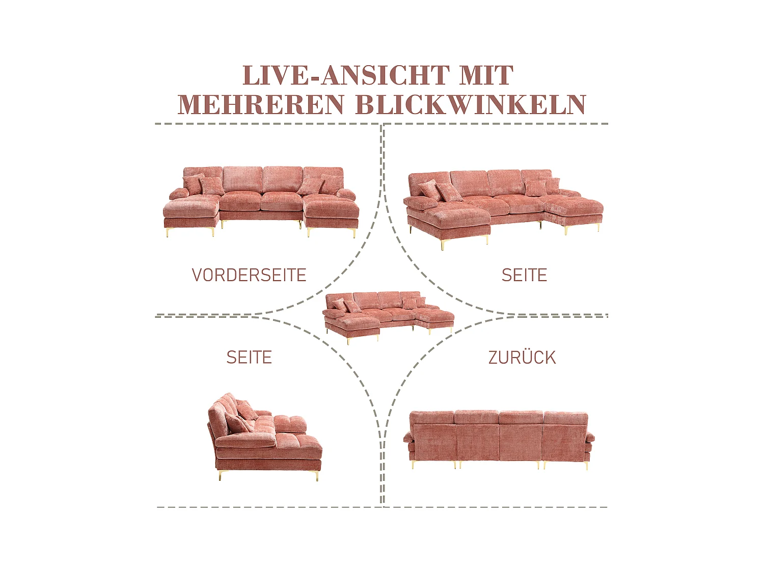 Divano a U in ciniglia rosa con gambe in metallo dorato, doppia posizione reclinabile, design moderno per soggiorno, camera da letto, ufficio e villa