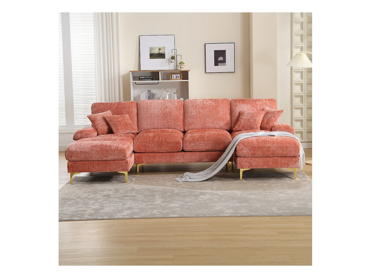 Divano a U in ciniglia rosa con gambe in metallo dorato, doppia posizione reclinabile, design moderno per soggiorno, camera da letto, ufficio e villa