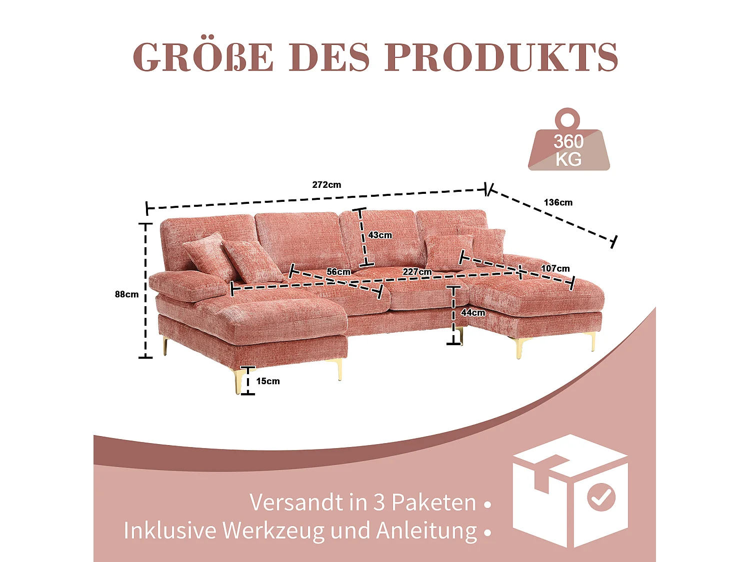 Divano a U in ciniglia rosa con gambe in metallo dorato, doppia posizione reclinabile, design moderno per soggiorno, camera da letto, ufficio e villa