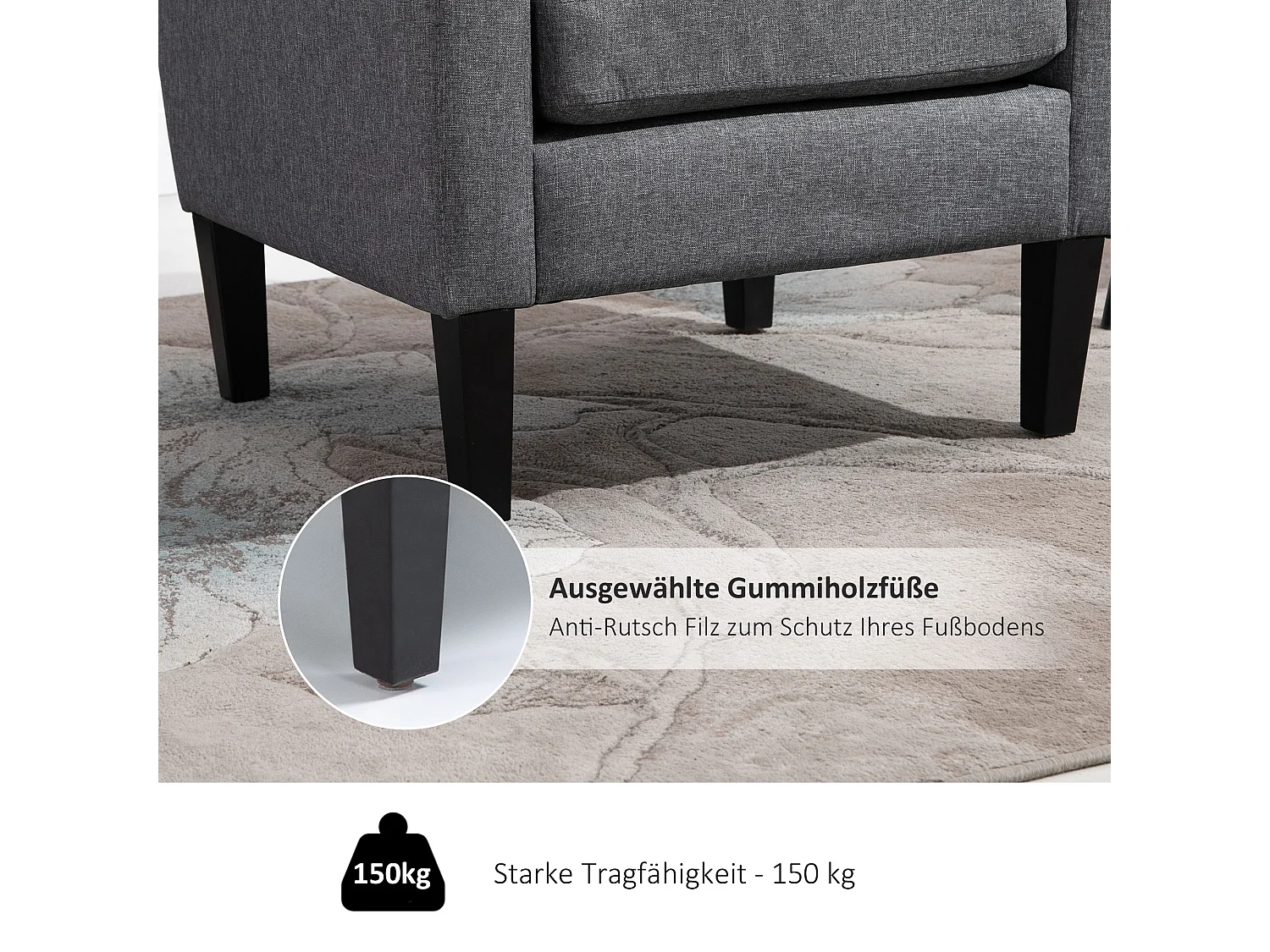 Poltrona relax individuale in tessuto effetto lino con gambe in legno – Grigio chiaro – 66x72x74 cm – Design moderno e confortevole