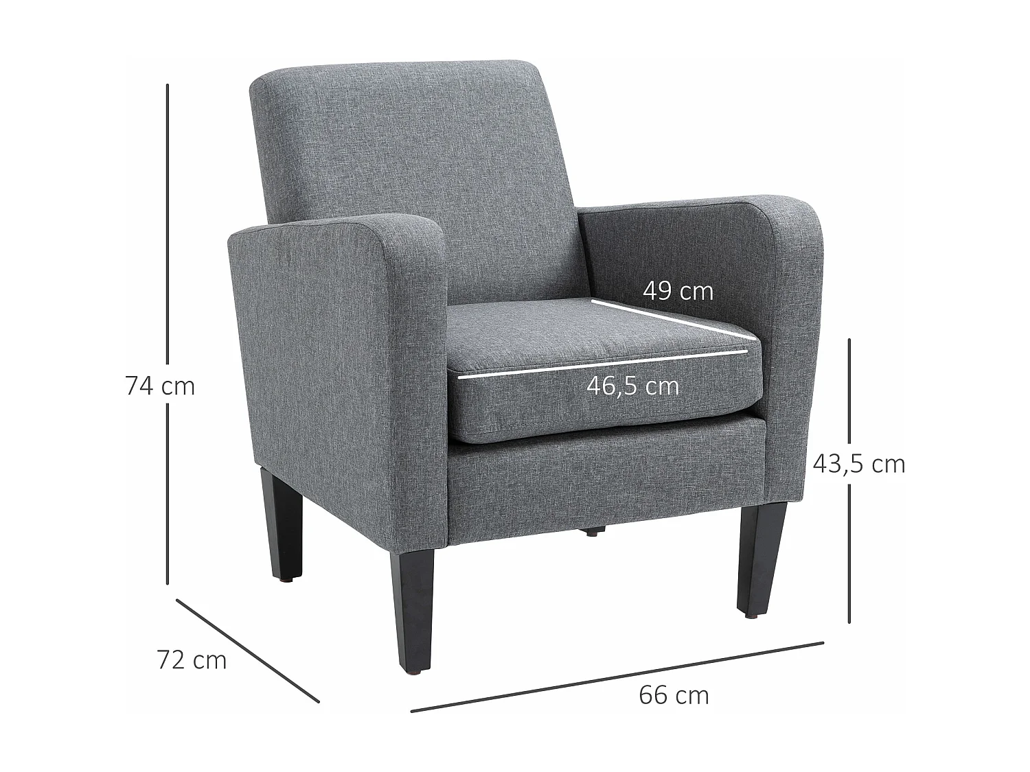 Fauteuil relax individuel en tissu aspect lin avec pieds en bois – Gris clair – 66x72x74 cm – Design moderne et confortable