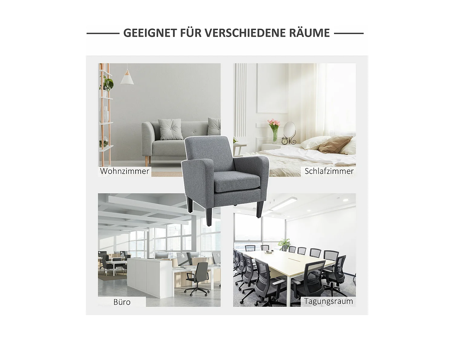 Fauteuil relax individuel en tissu aspect lin avec pieds en bois – Gris clair – 66x72x74 cm – Design moderne et confortable