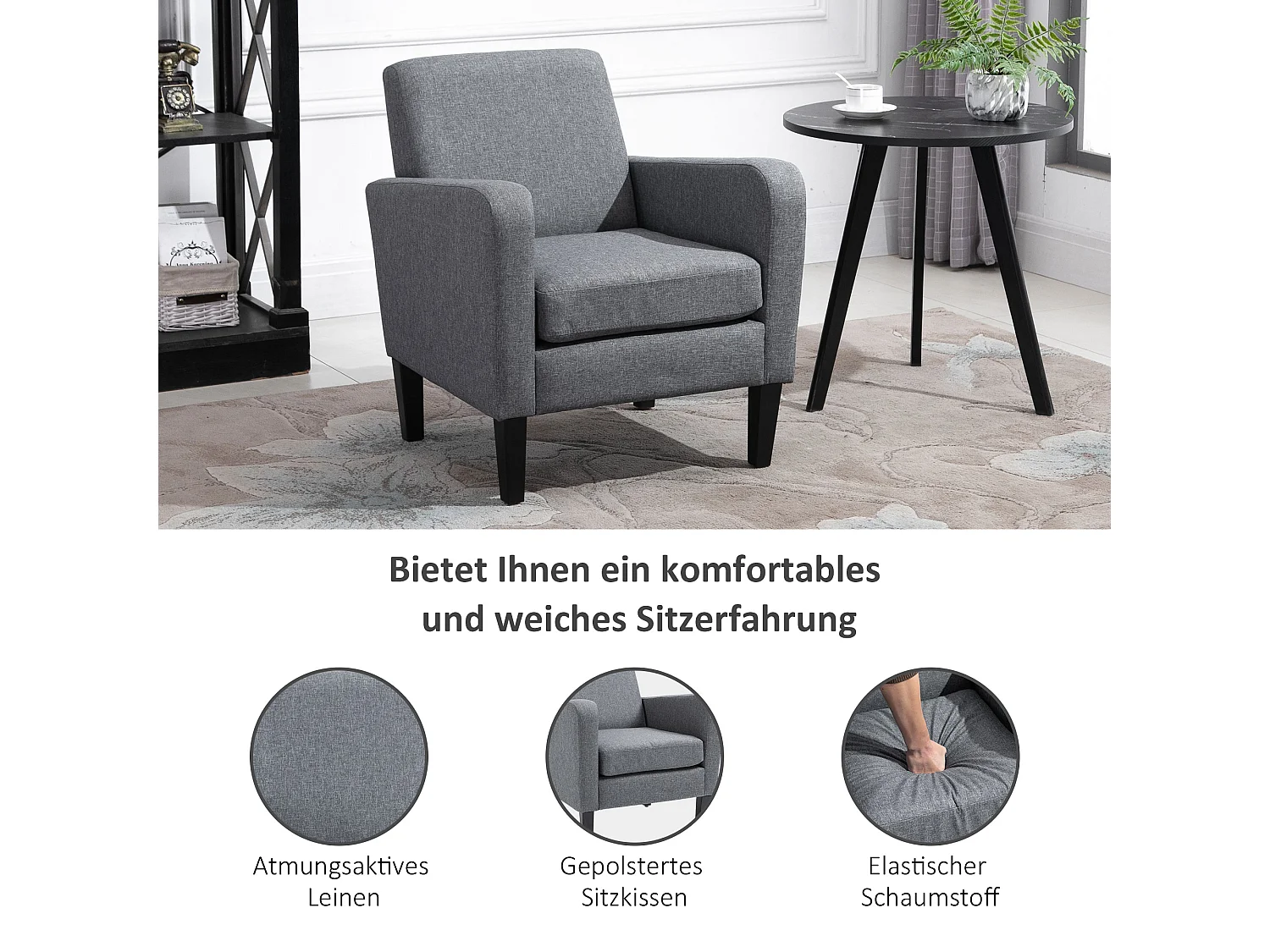 Fauteuil relax individuel en tissu aspect lin avec pieds en bois – Gris clair – 66x72x74 cm – Design moderne et confortable
