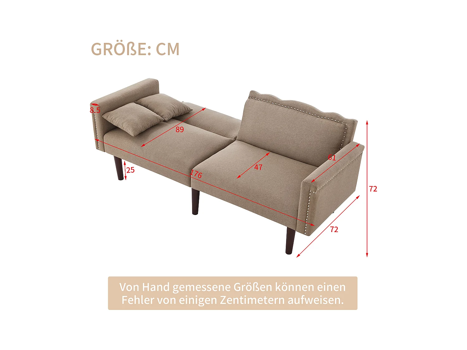 Divano letto a 2 posti, tessuto in cotone e lino, schiuma ad alta densità, schienale regolabile, gambe in legno, design elegante con cuscini inclusi