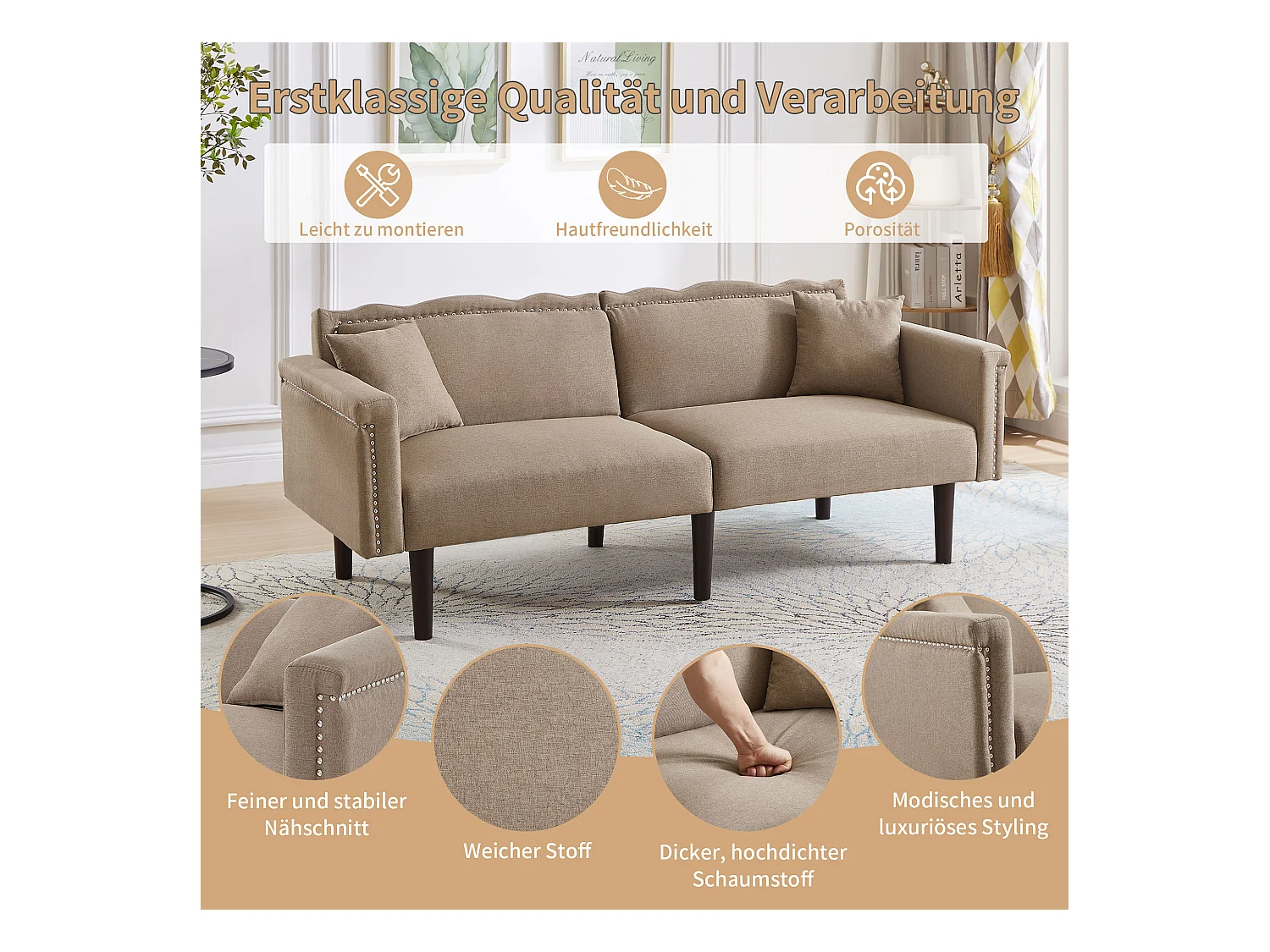 Divano letto a 2 posti, tessuto in cotone e lino, schiuma ad alta densità, schienale regolabile, gambe in legno, design elegante con cuscini inclusi