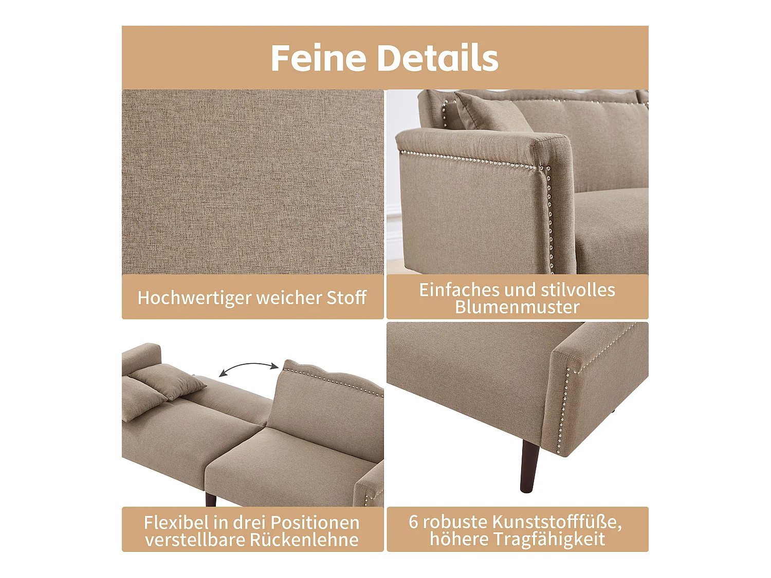 Divano letto a 2 posti, tessuto in cotone e lino, schiuma ad alta densità, schienale regolabile, gambe in legno, design elegante con cuscini inclusi