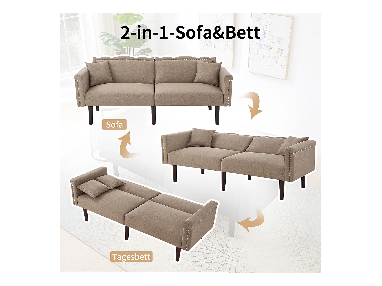 Divano letto a 2 posti, tessuto in cotone e lino, schiuma ad alta densità, schienale regolabile, gambe in legno, design elegante con cuscini inclusi