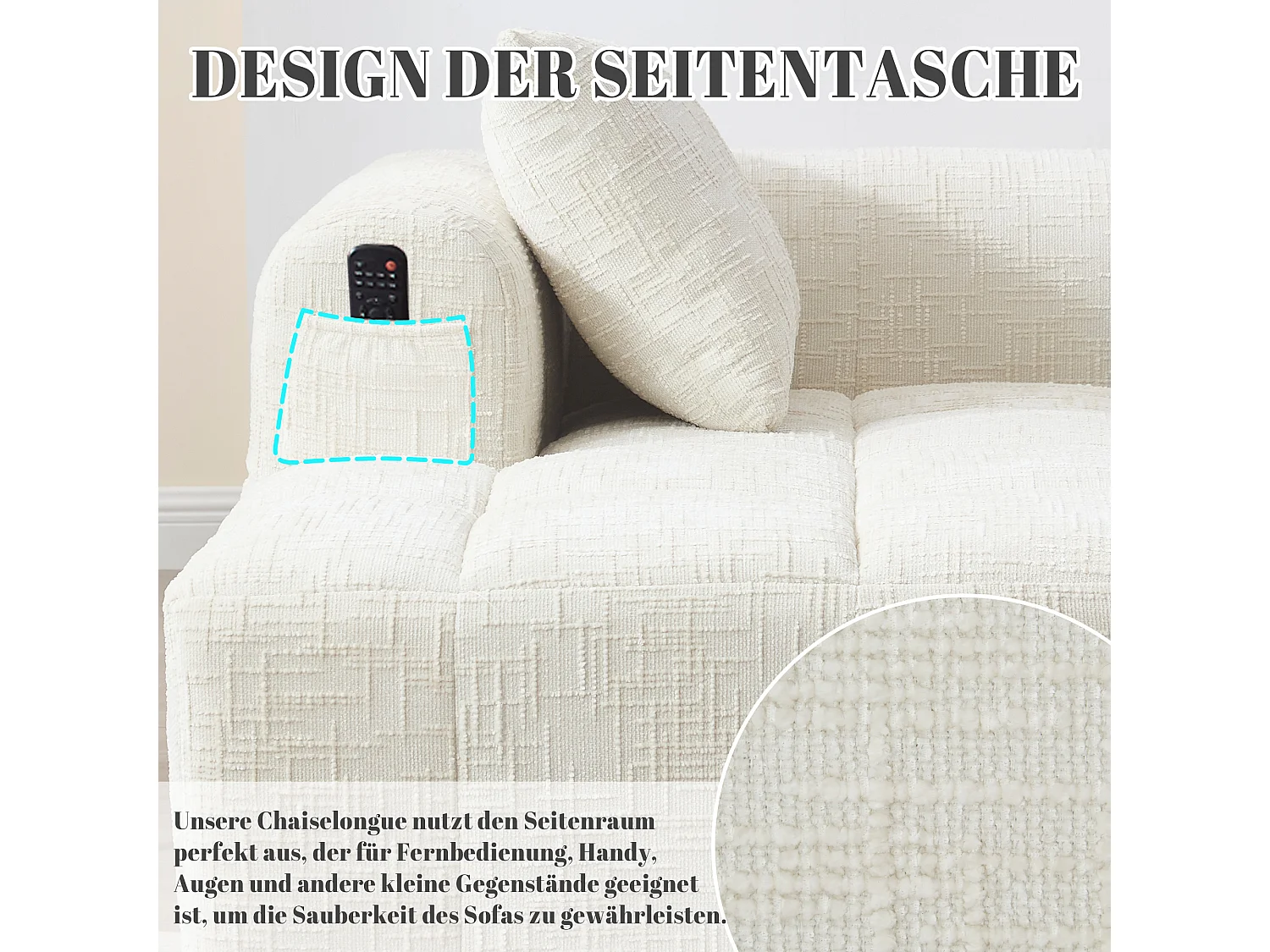 Divano chaise longue beige, non necessita di montaggio, con cuscino e pratiche tasche laterali per telecomando e telefono, design moderno e confortevole