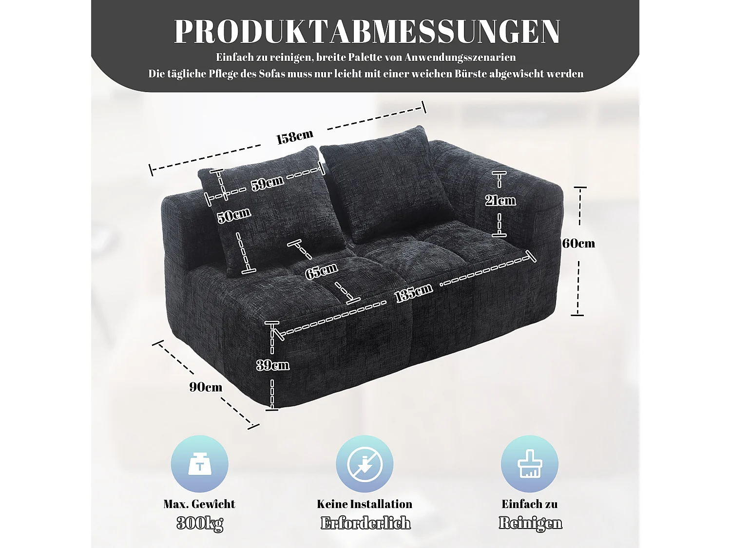 Divano a 2 posti nero, non necessita di montaggio, con cuscino, pratiche tasche laterali, design moderno e confortevole per il soggiorno