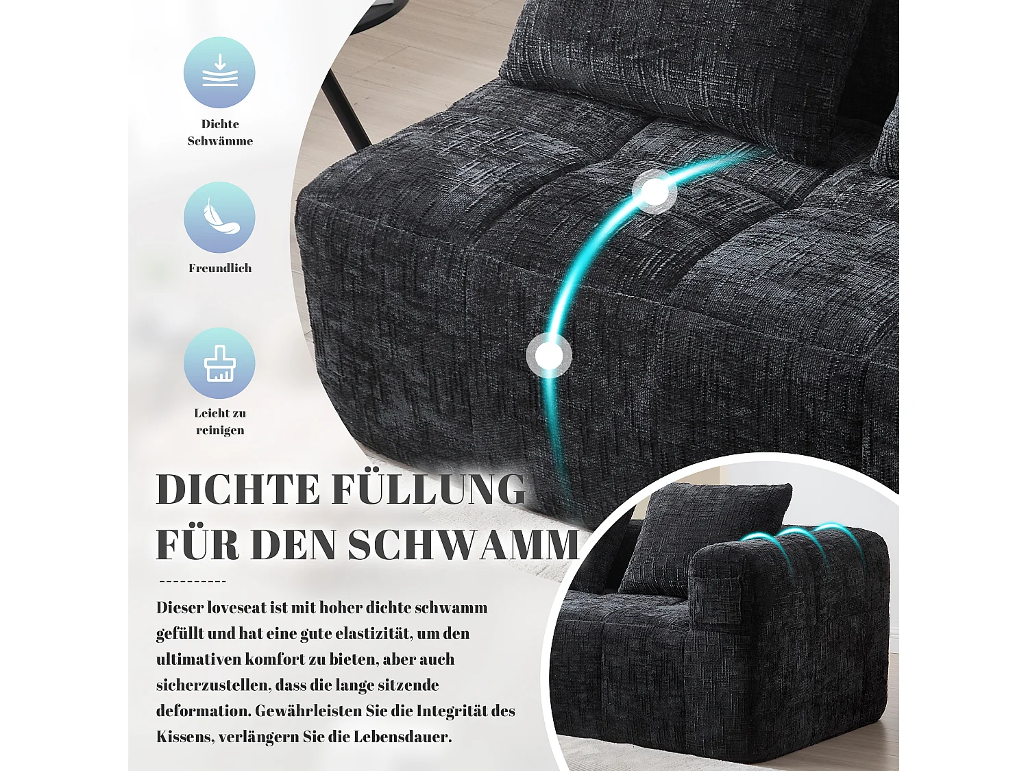 Divano a 2 posti nero, non necessita di montaggio, con cuscino, pratiche tasche laterali, design moderno e confortevole per il soggiorno