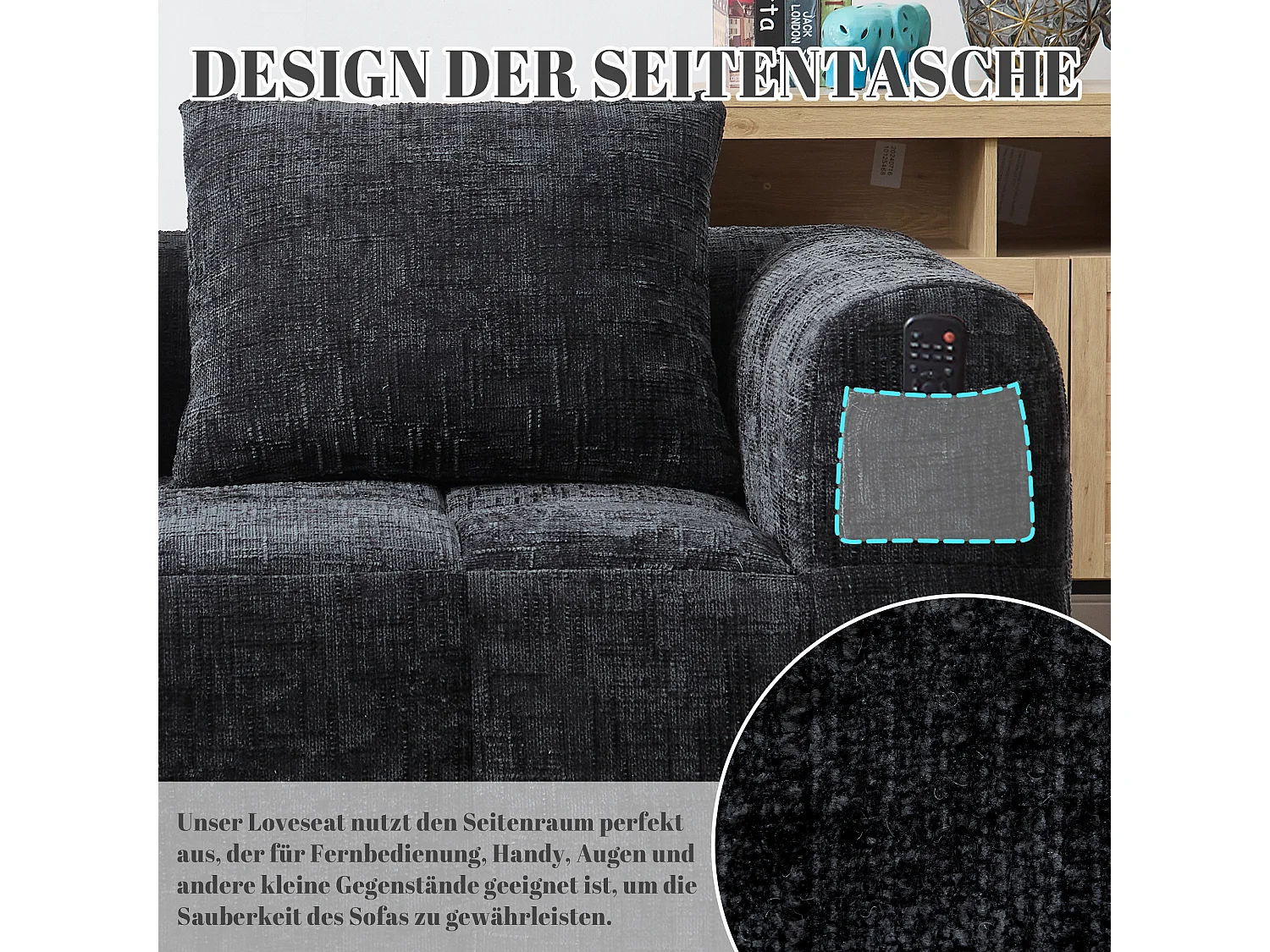 Divano a 2 posti nero, non necessita di montaggio, con cuscino, pratiche tasche laterali, design moderno e confortevole per il soggiorno