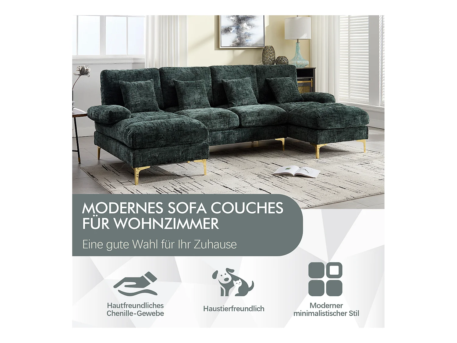 Divano moderno a U in ciniglia con gambe in metallo dorato, doppia posizione reclinabile, design elegante per soggiorno, ufficio o villa, colore smeraldo.