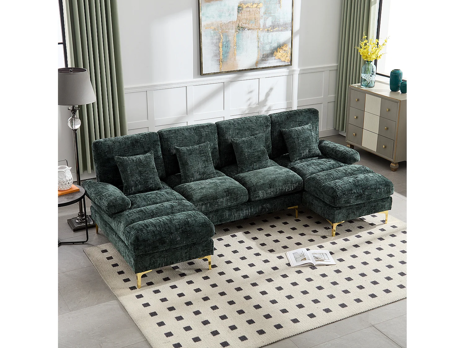 Divano moderno a U in ciniglia con gambe in metallo dorato, doppia posizione reclinabile, design elegante per soggiorno, ufficio o villa, colore smeraldo.