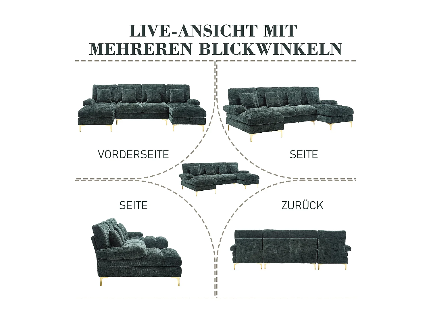 Divano moderno a U in ciniglia con gambe in metallo dorato, doppia posizione reclinabile, design elegante per soggiorno, ufficio o villa, colore smeraldo.