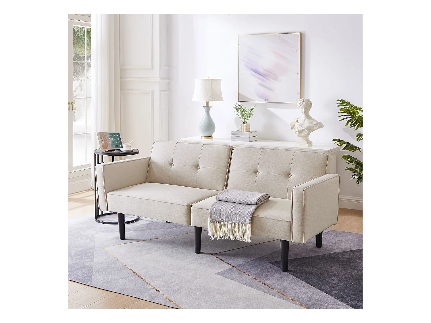 Divano letto a 2 posti, tessuto in cotone e lino, schiuma ad alta densità, gambe in legno, schienali regolabili, multifunzionale e moderno