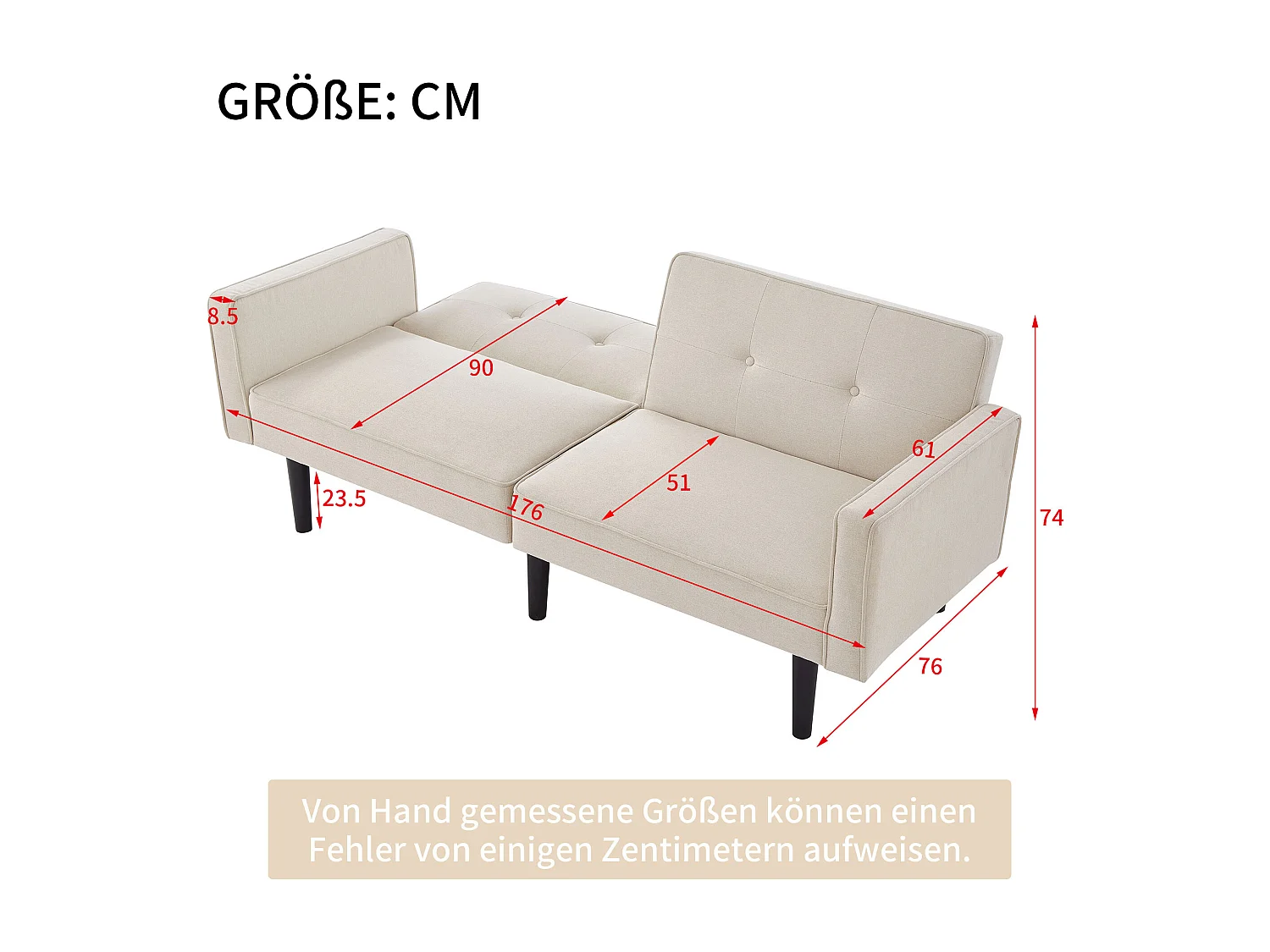 Divano letto a 2 posti, tessuto in cotone e lino, schiuma ad alta densità, gambe in legno, schienali regolabili, multifunzionale e moderno