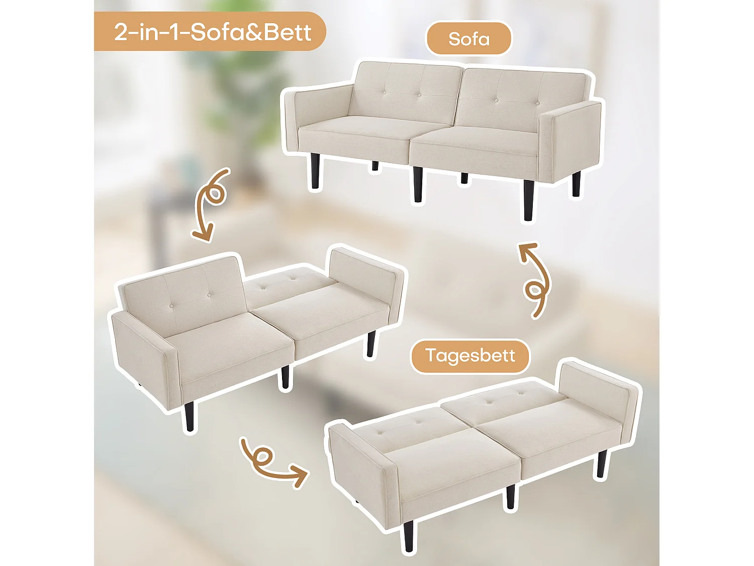 Divano letto a 2 posti, tessuto in cotone e lino, schiuma ad alta densità, gambe in legno, schienali regolabili, multifunzionale e moderno