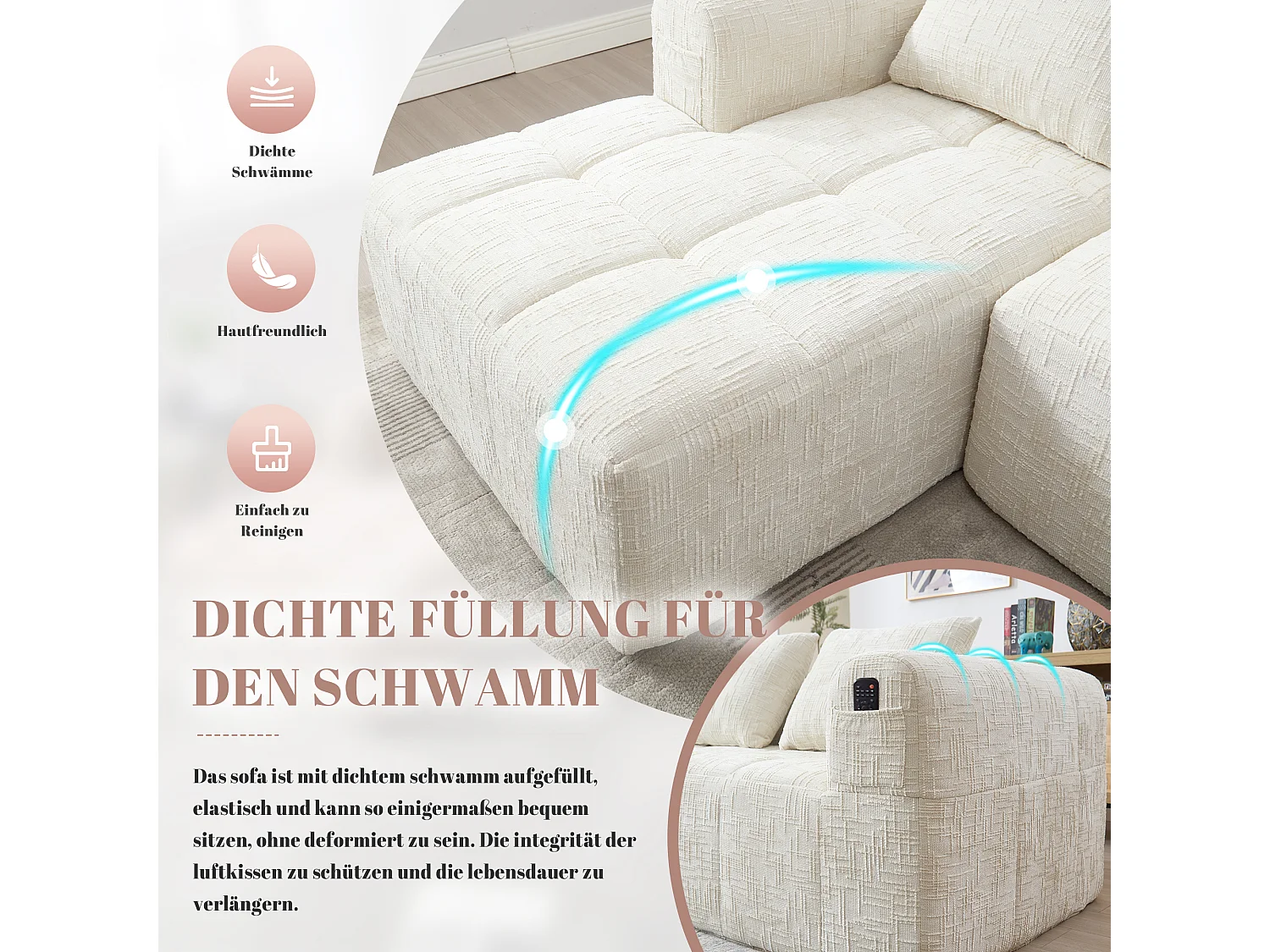 Divano angolare beige 3 posti senza montaggio, chaise longue componibile, tessuto in morbida ciniglia, braccioli, cuscini, tasche laterali