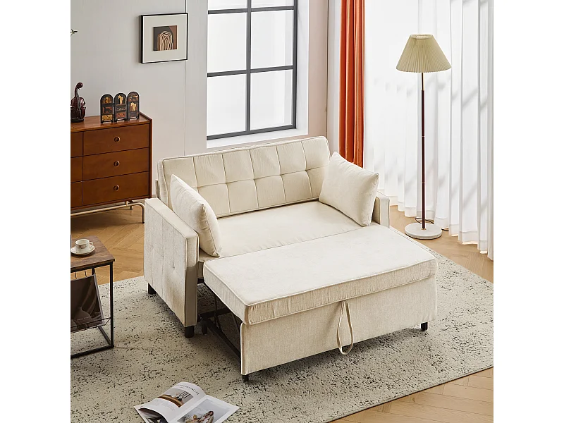 Divano letto a 2 posti con schienale regolabile, tessuto ciniglia, schiuma ad alta densità, funzione letto, piedini in plastica e ruote in metallo