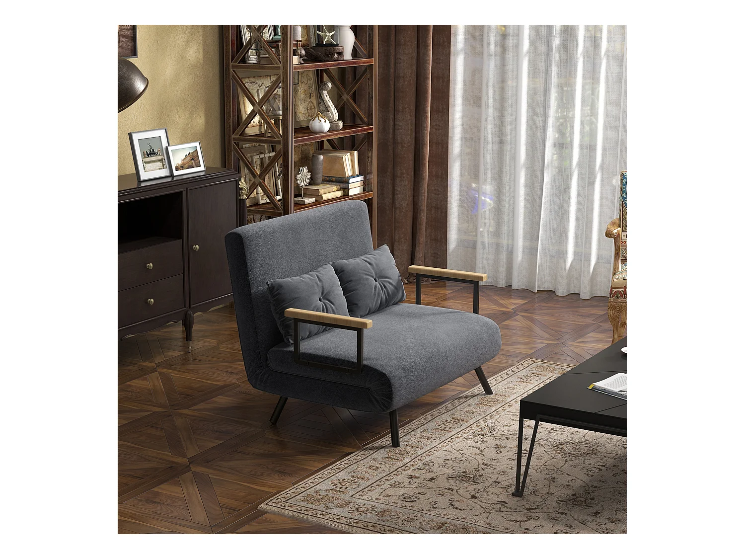 Poltrona letto trasformabile grigio scuro 102x73 cm con contenitore, schienale reclinabile a 180°, velluto, cuscini, stabile struttura in acciaio