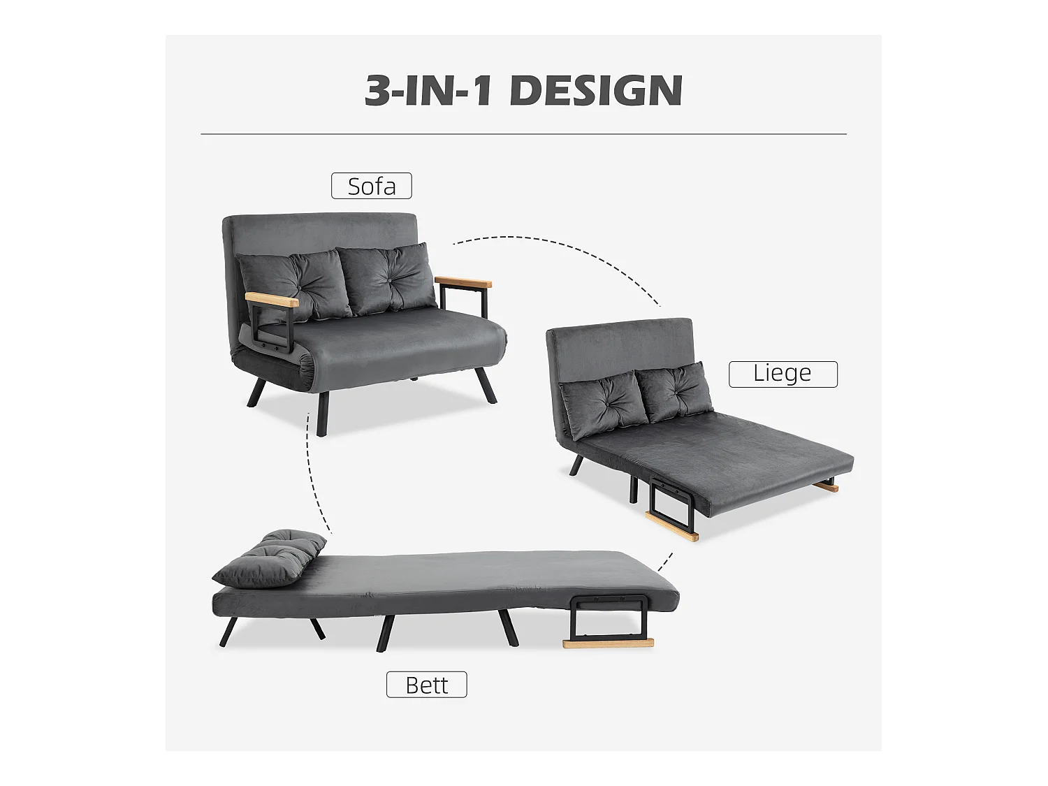 Poltrona letto trasformabile grigio scuro 102x73 cm con contenitore, schienale reclinabile a 180°, velluto, cuscini, stabile struttura in acciaio