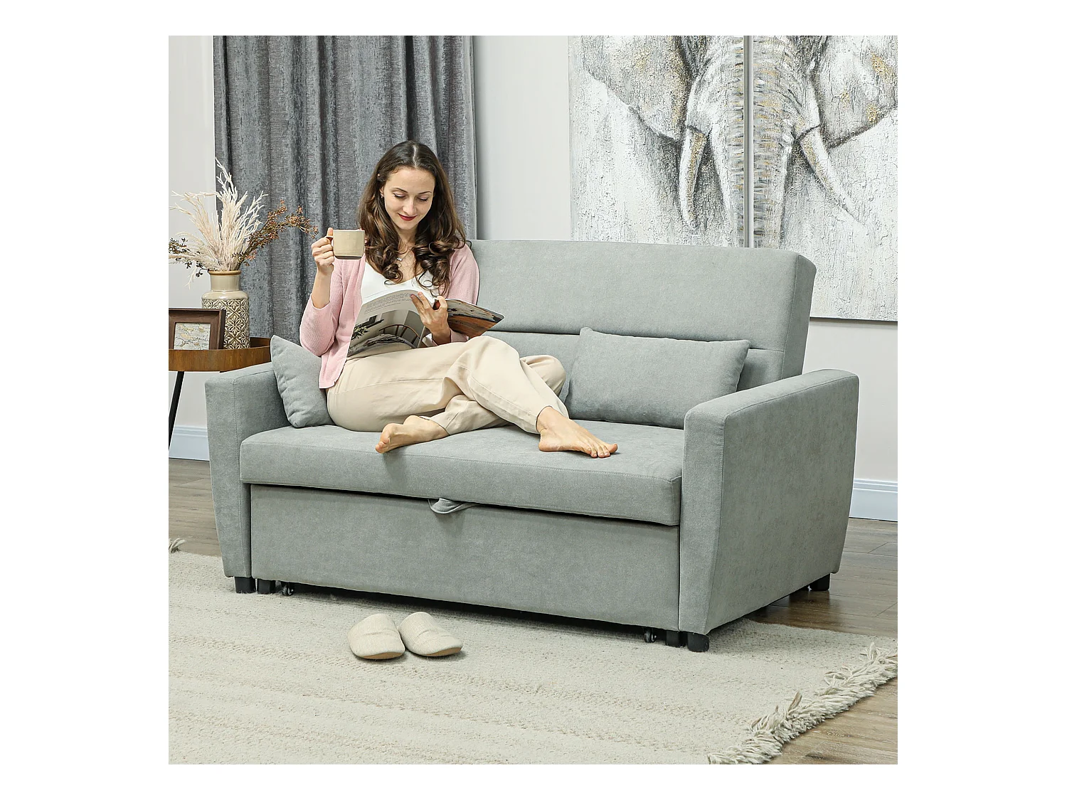 Divano letto 2 posti grigio chiaro con contenitore, schienale reclinabile, cuscini inclusi, tessuto effetto velluto, struttura in legno, stile moderno