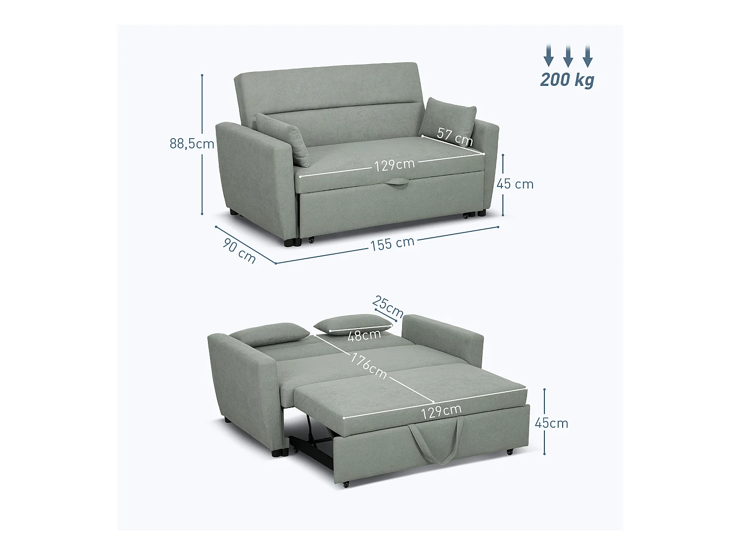 Divano letto 2 posti grigio chiaro con contenitore, schienale reclinabile, cuscini inclusi, tessuto effetto velluto, struttura in legno, stile moderno