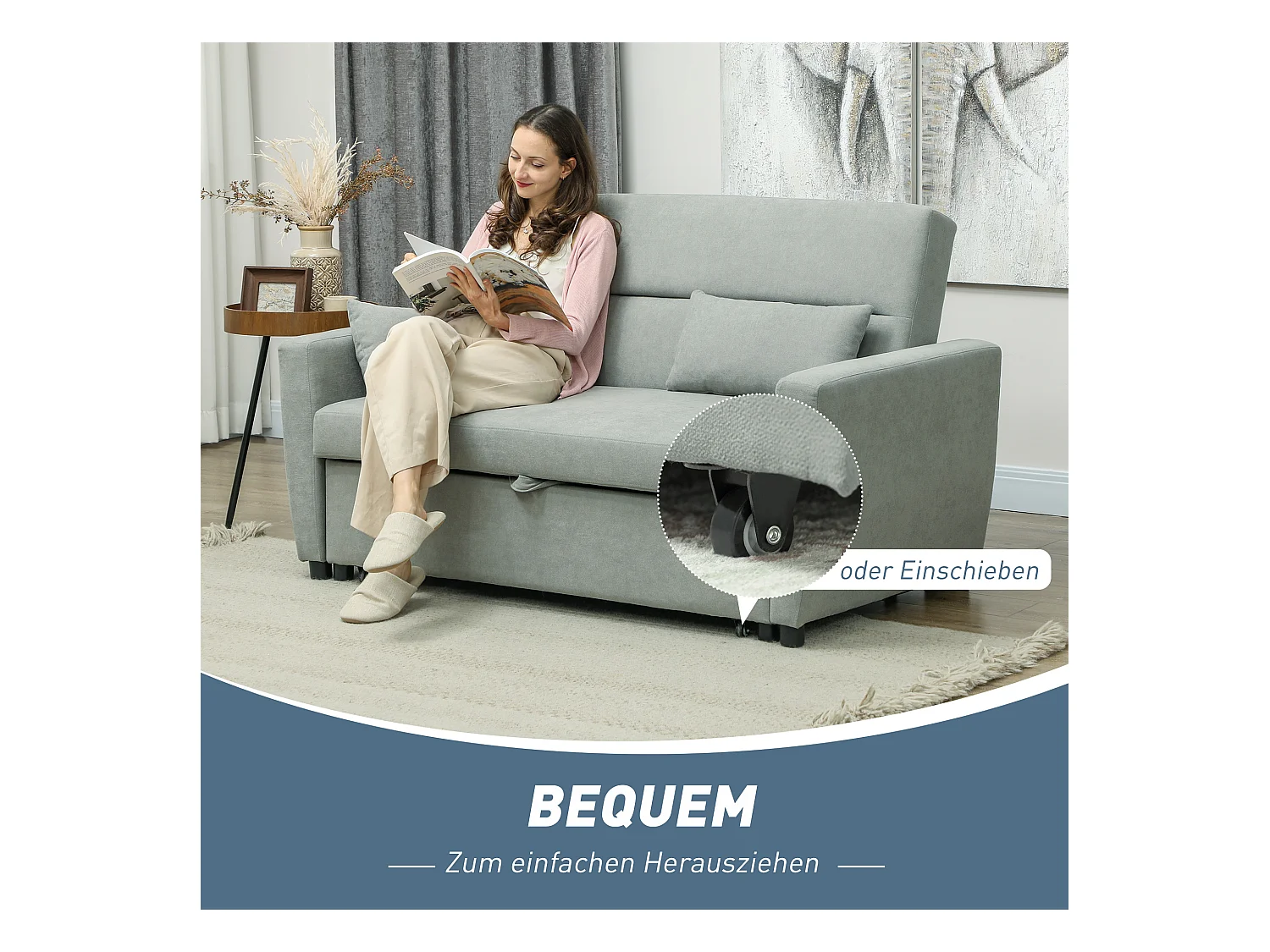 Divano letto 2 posti grigio chiaro con contenitore, schienale reclinabile, cuscini inclusi, tessuto effetto velluto, struttura in legno, stile moderno