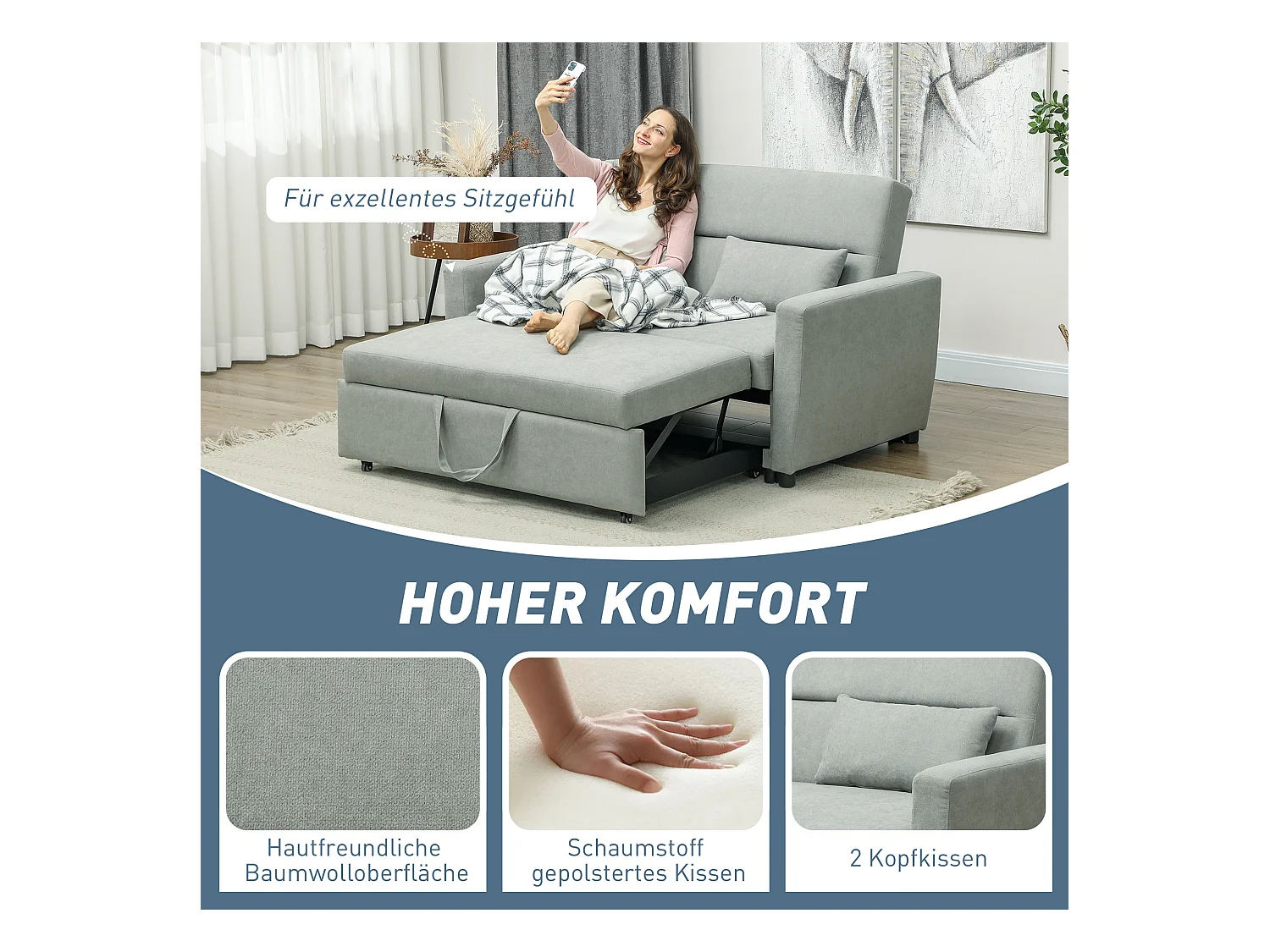 Divano letto 2 posti grigio chiaro con contenitore, schienale reclinabile, cuscini inclusi, tessuto effetto velluto, struttura in legno, stile moderno