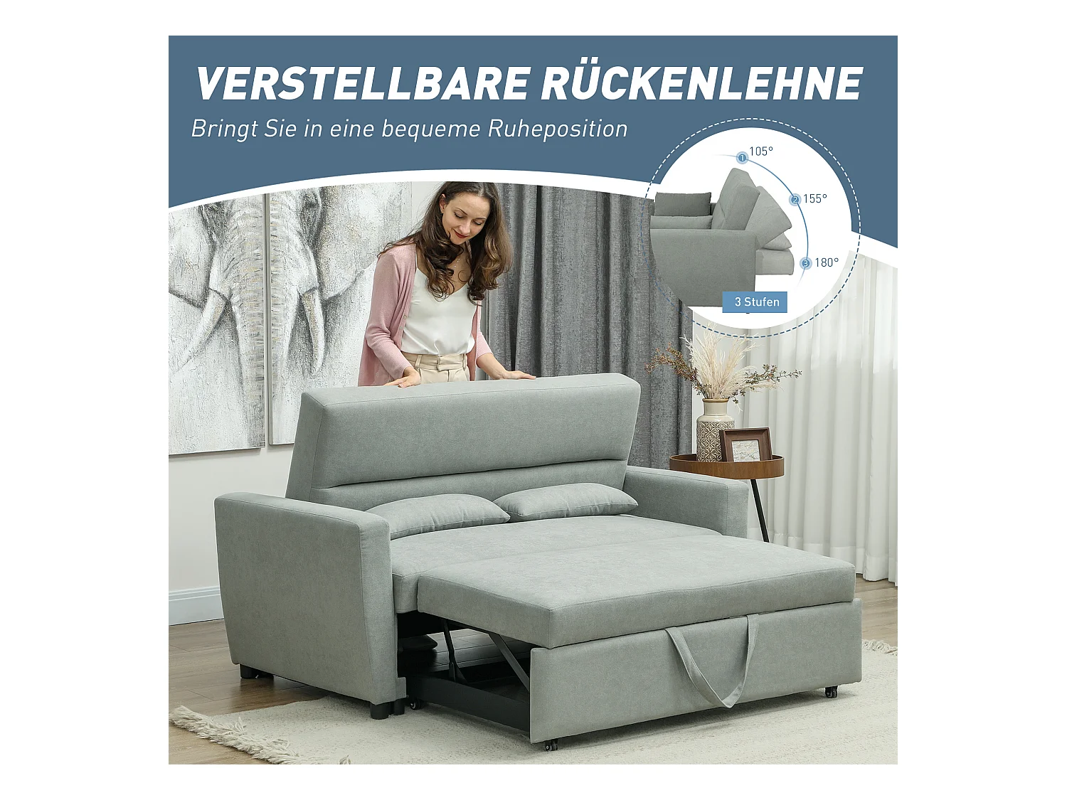 Divano letto 2 posti grigio chiaro con contenitore, schienale reclinabile, cuscini inclusi, tessuto effetto velluto, struttura in legno, stile moderno