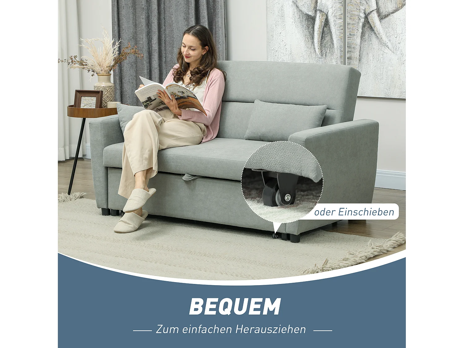 Divano letto 2 posti grigio chiaro con contenitore, schienale reclinabile, cuscini inclusi, tessuto effetto velluto, struttura in legno, stile moderno