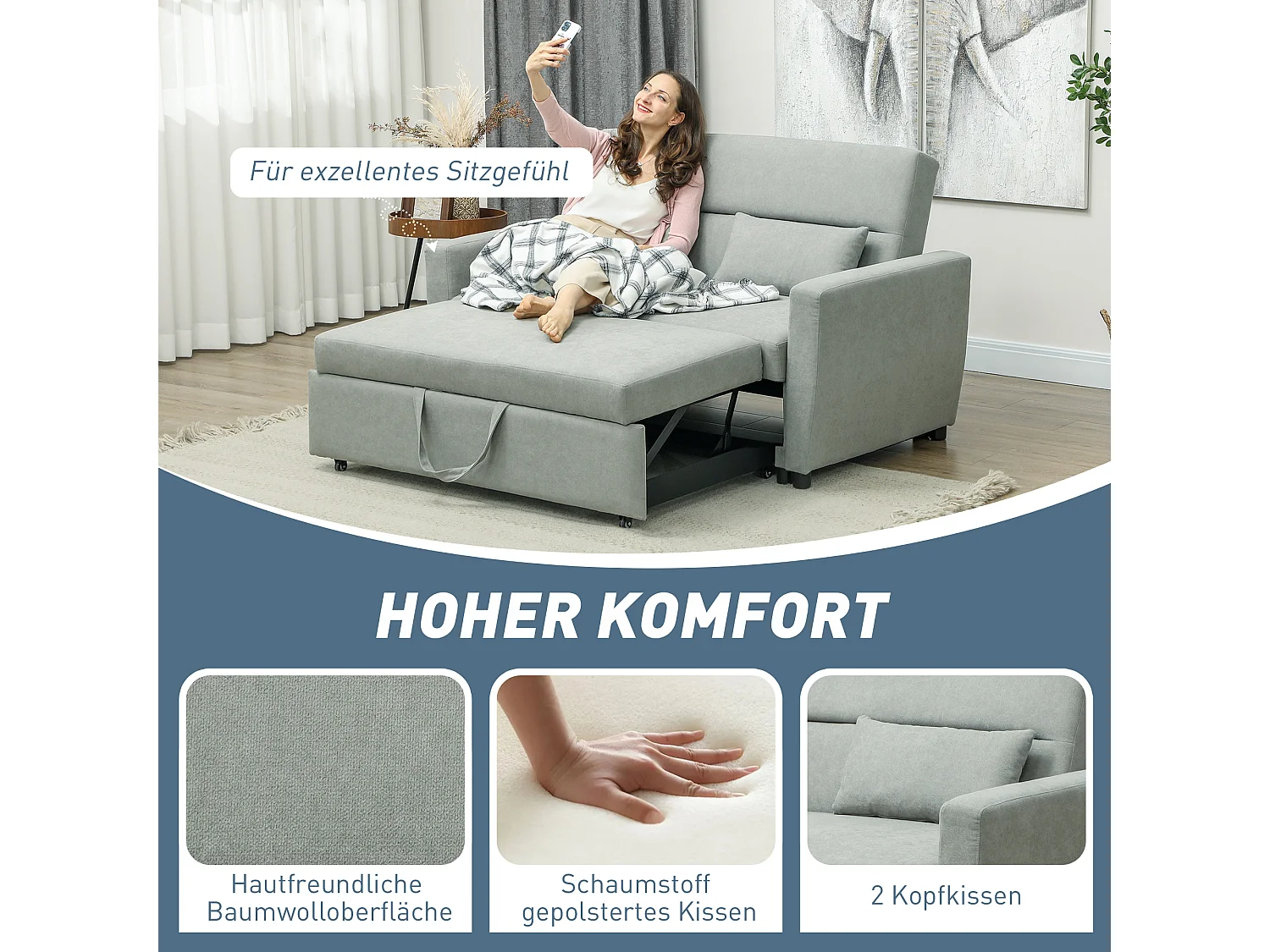 Divano letto 2 posti grigio chiaro con contenitore, schienale reclinabile, cuscini inclusi, tessuto effetto velluto, struttura in legno, stile moderno