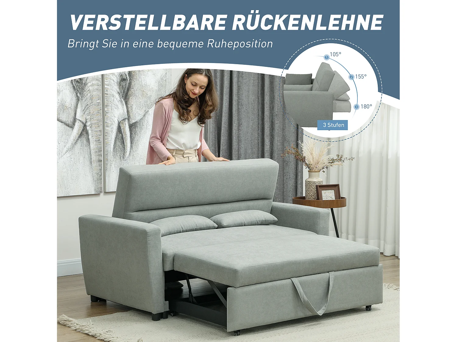 Divano letto 2 posti grigio chiaro con contenitore, schienale reclinabile, cuscini inclusi, tessuto effetto velluto, struttura in legno, stile moderno