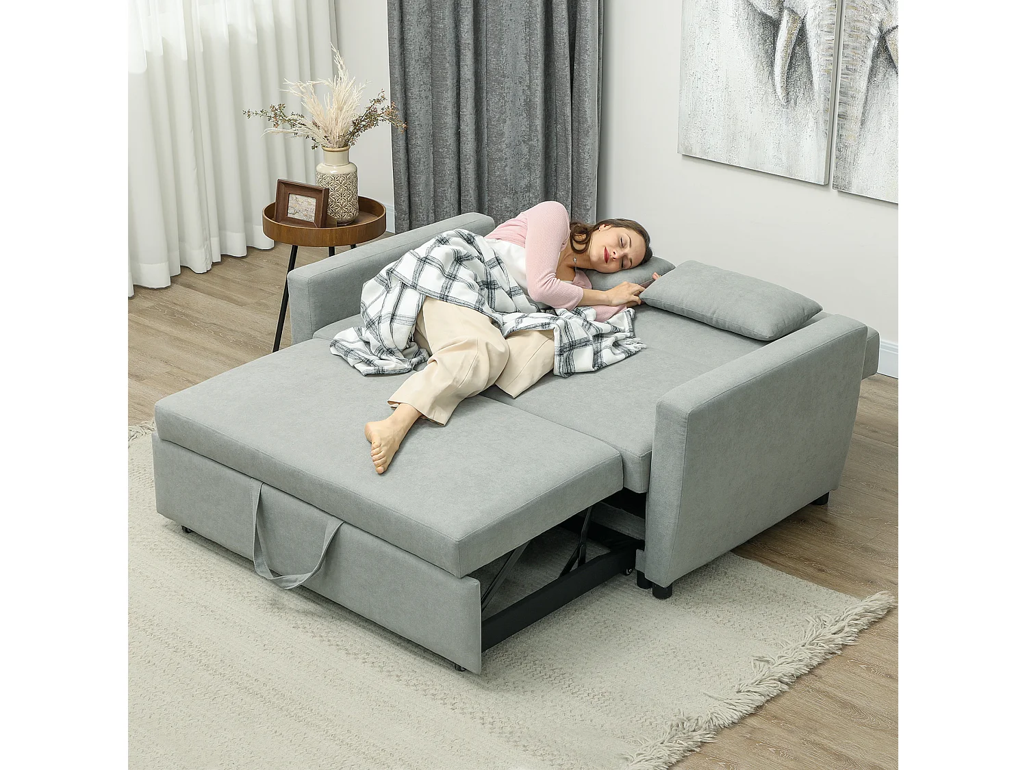 Divano letto 2 posti grigio chiaro con contenitore, schienale reclinabile, cuscini inclusi, tessuto effetto velluto, struttura in legno, stile moderno
