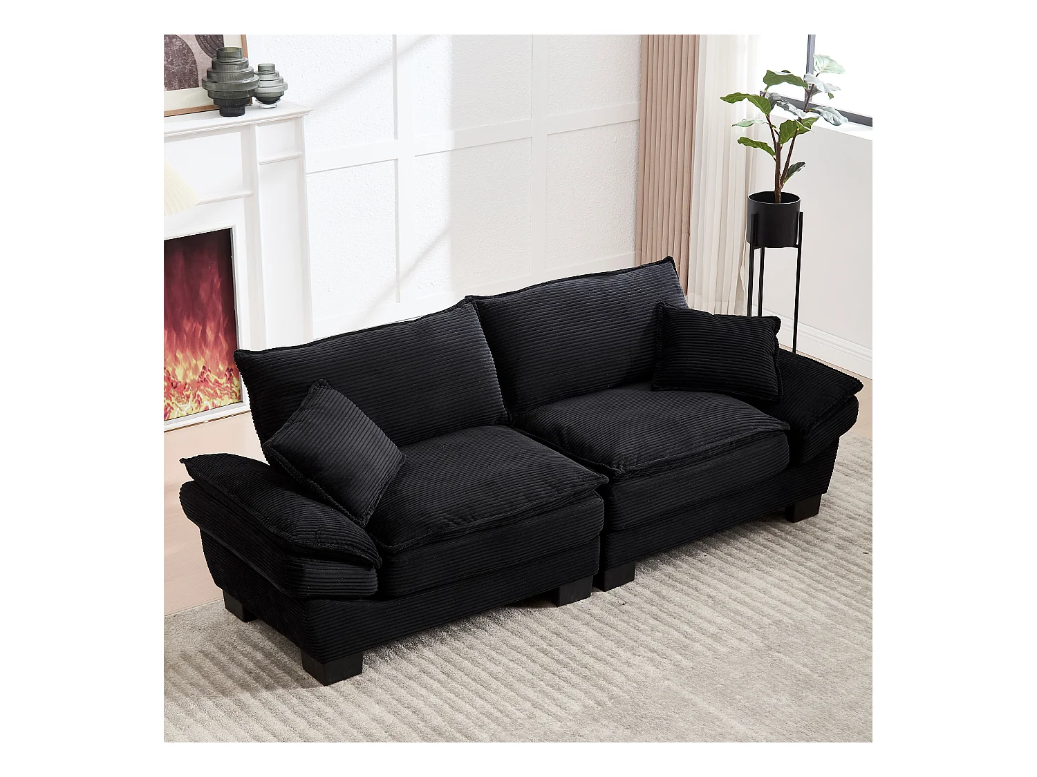 Divano trasformabile a 2 posti in velluto nero, ultra profondo, cuscini inclusi, design moderno e robusta struttura in legno