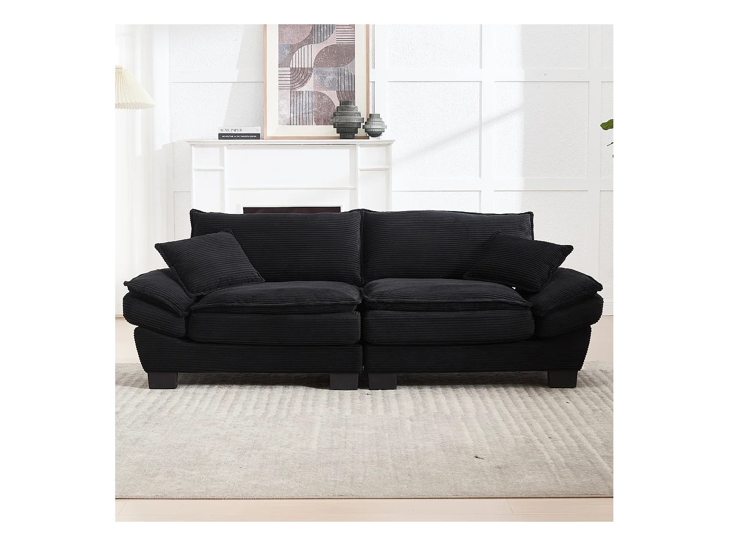 Divano trasformabile a 2 posti in velluto nero, ultra profondo, cuscini inclusi, design moderno e robusta struttura in legno