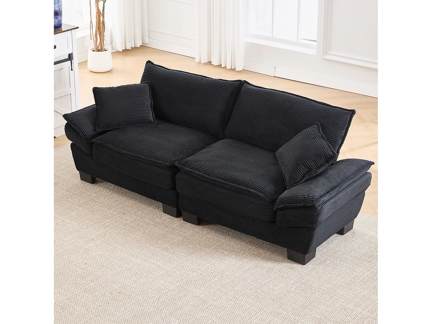 Divano trasformabile a 2 posti in velluto nero, ultra profondo, cuscini inclusi, design moderno e robusta struttura in legno