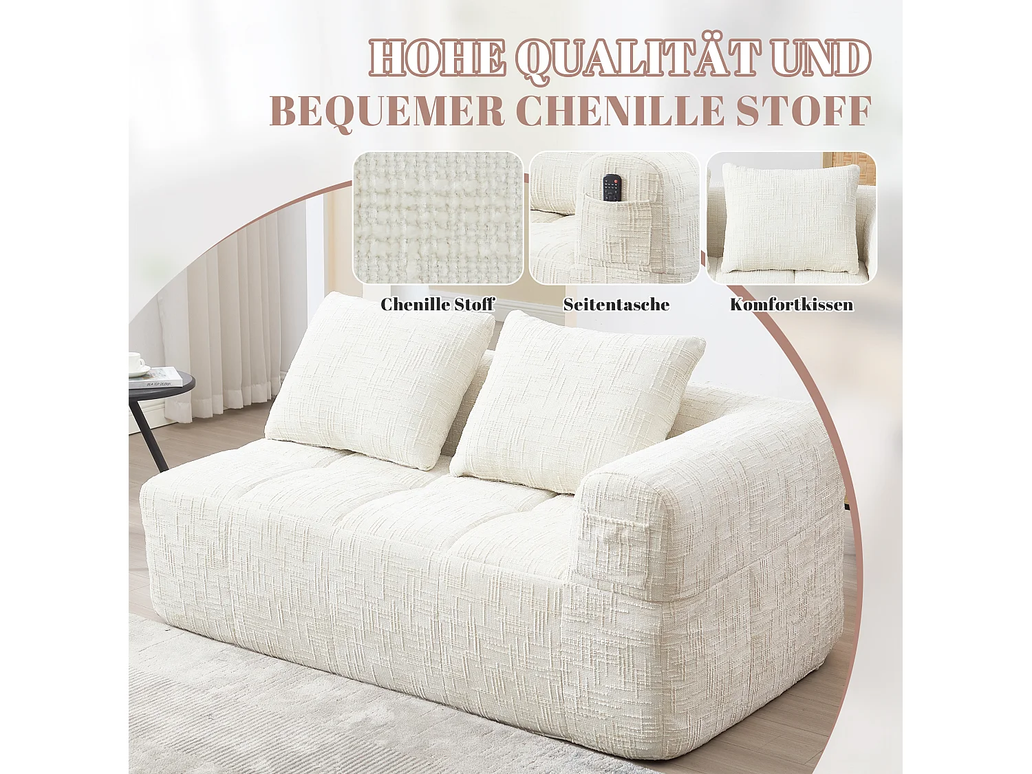 Divano a 2 posti beige, non necessita di montaggio, con cuscino, tasche laterali per telecomando e telefono, chaise longue, design moderno e confortevole